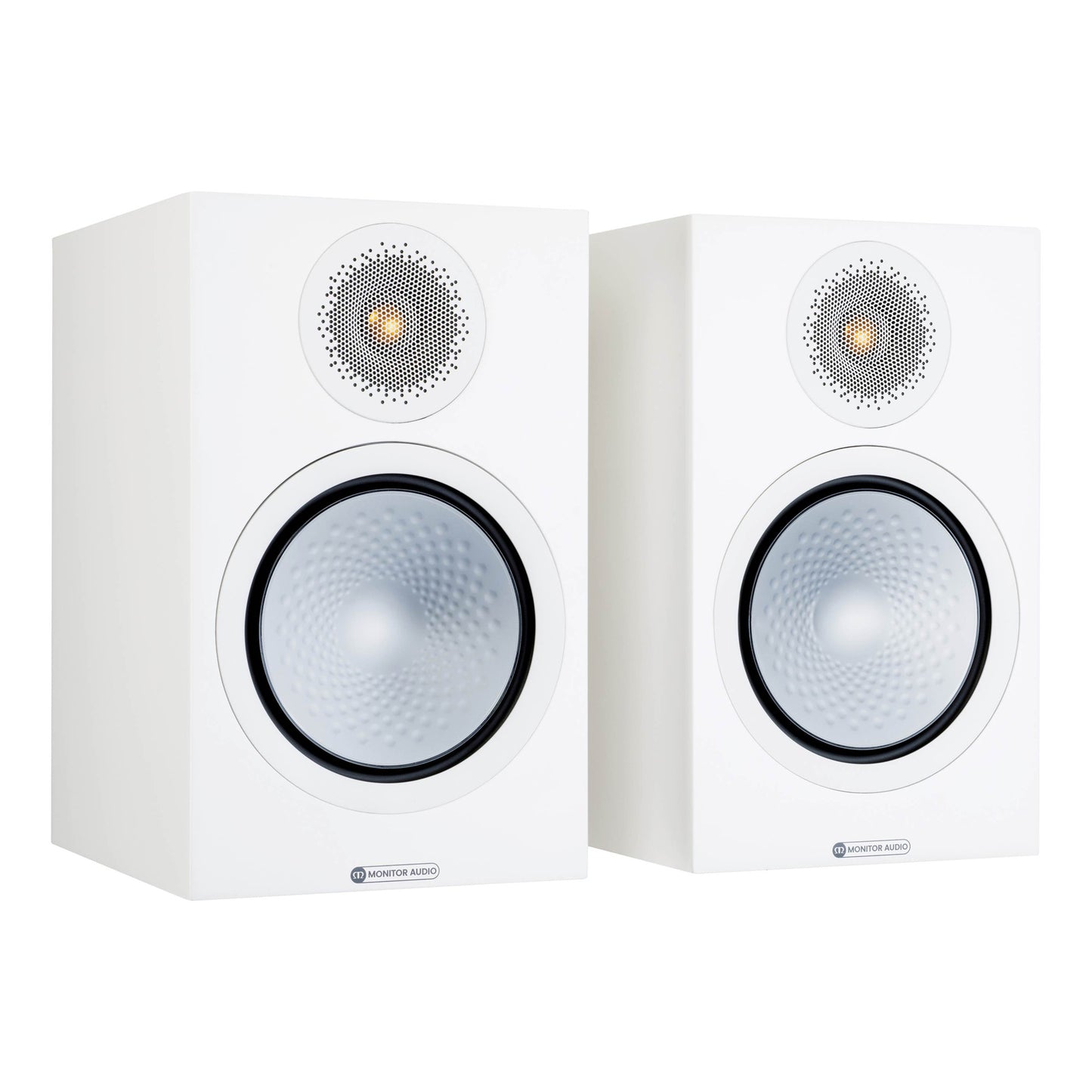 Pair of white speakers on a white background
