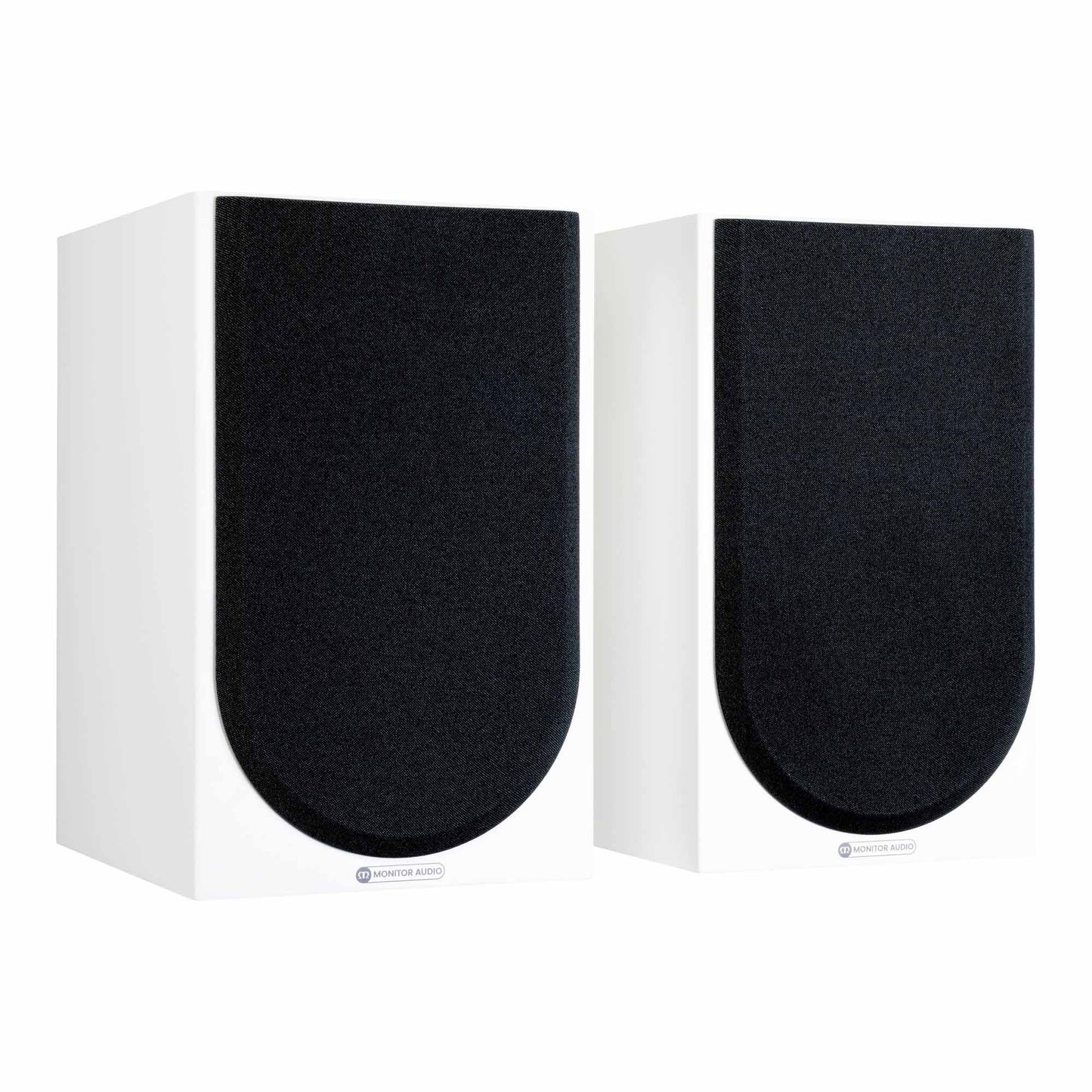 Pair of white speakers with black grilles on a white background
