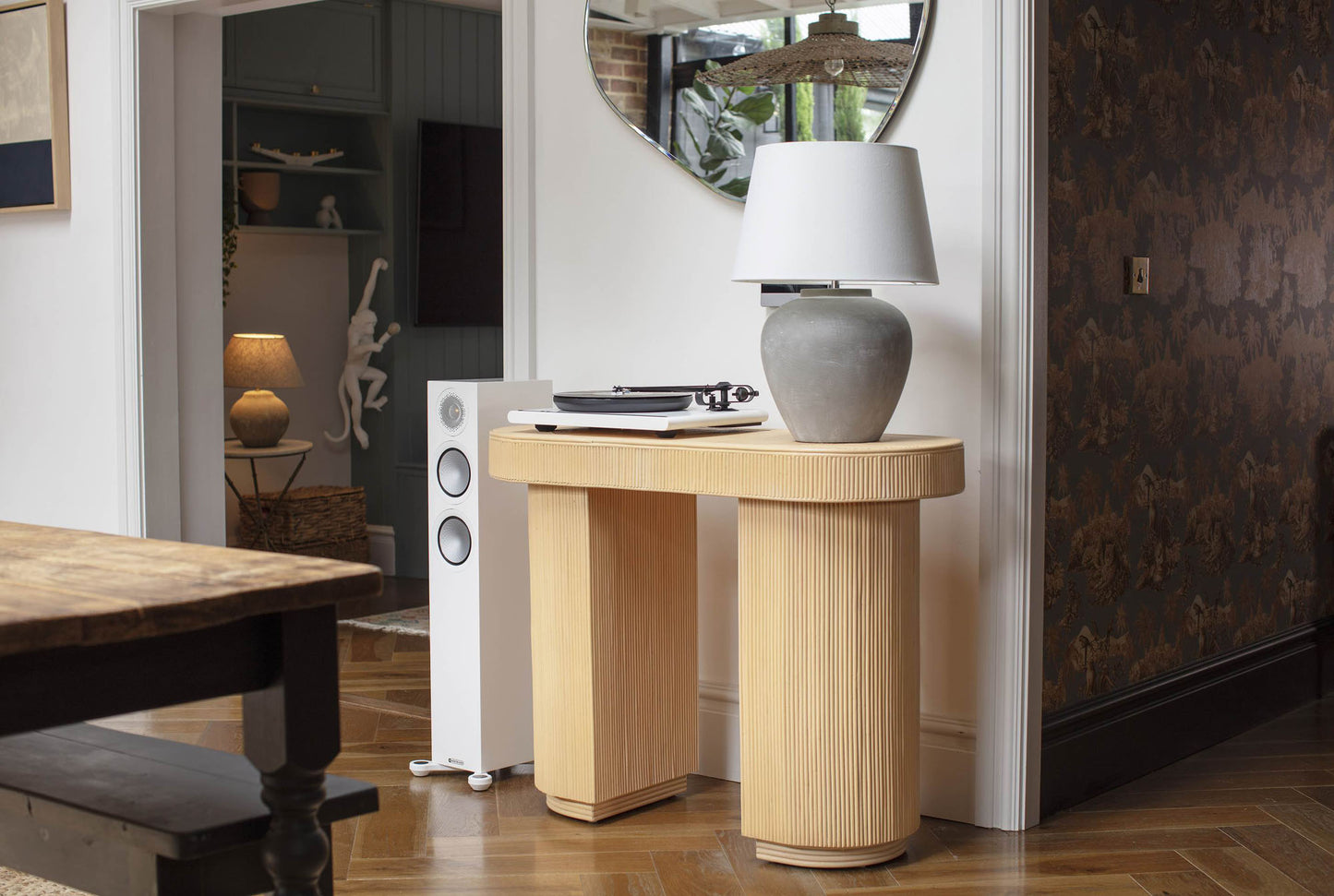 Modern side table with lamp in a living room setting