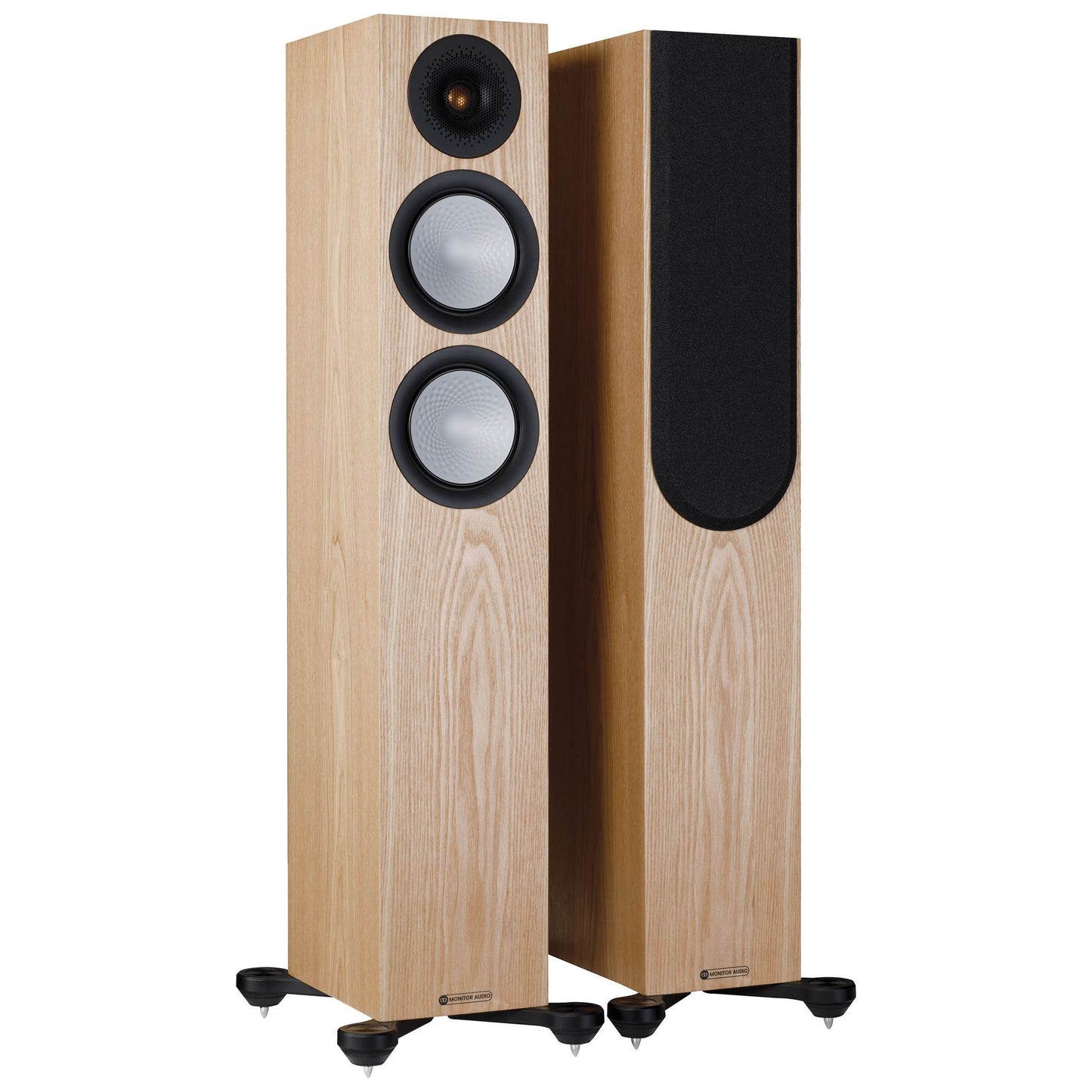 Pair of wooden speakers with black accents on a white background