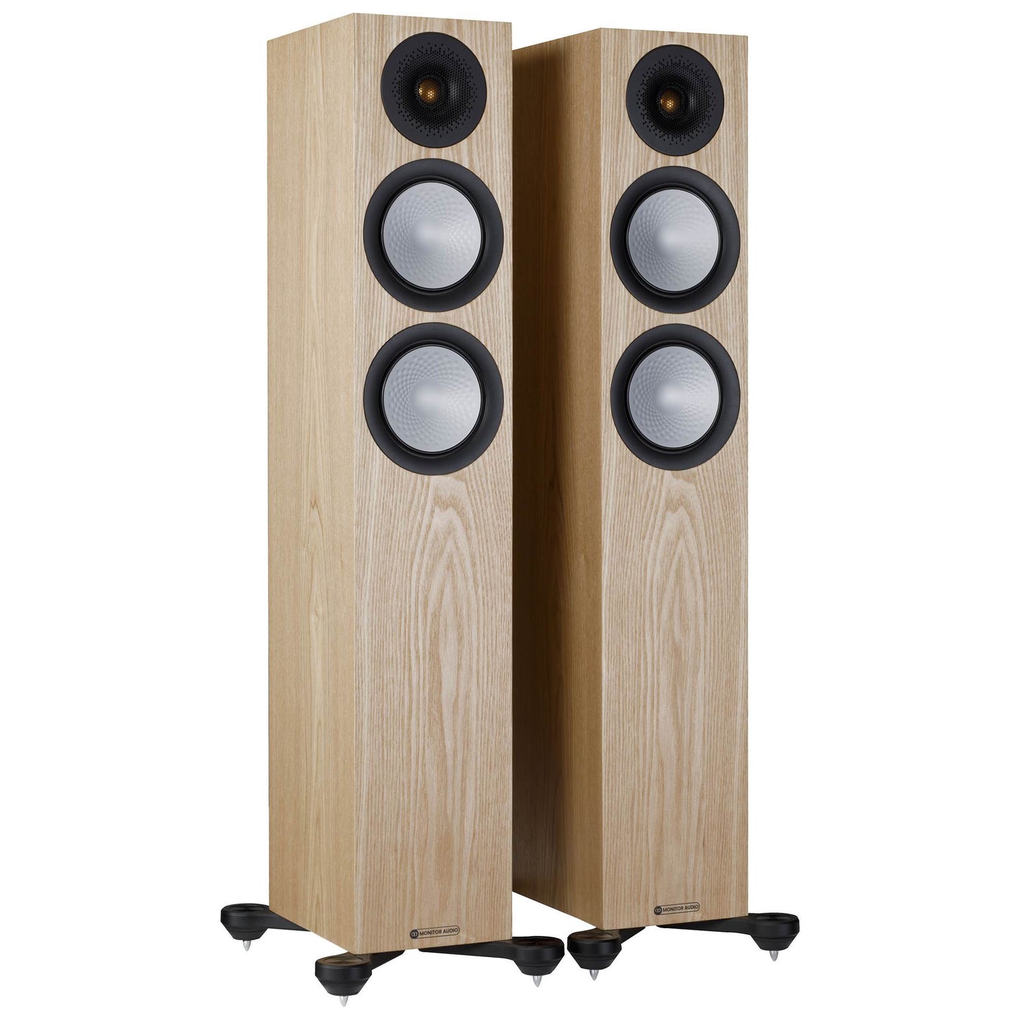Pair of wooden speakers with black accents on a white background