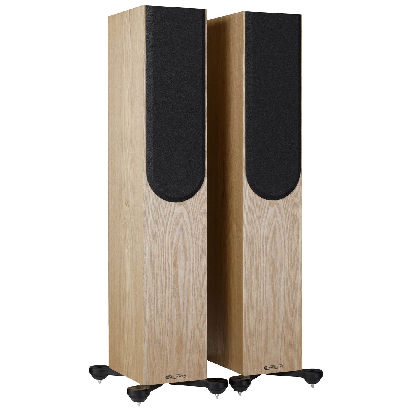 Pair of tall speakers with wooden finish and black accents on a white background