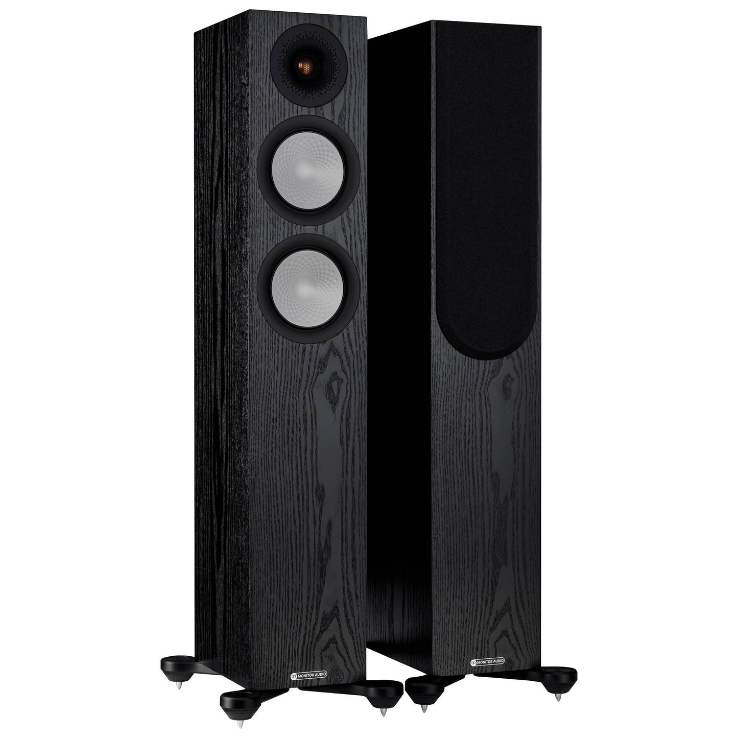 Pair of black floor-standing speakers on a white background
