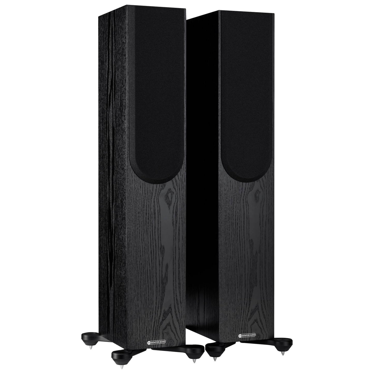 Pair of black speakers on a white background