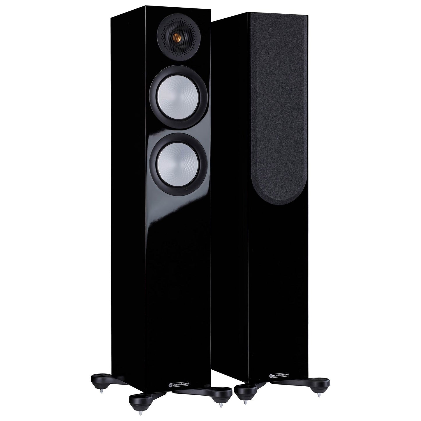 Pair of black floor-standing speakers on a white background