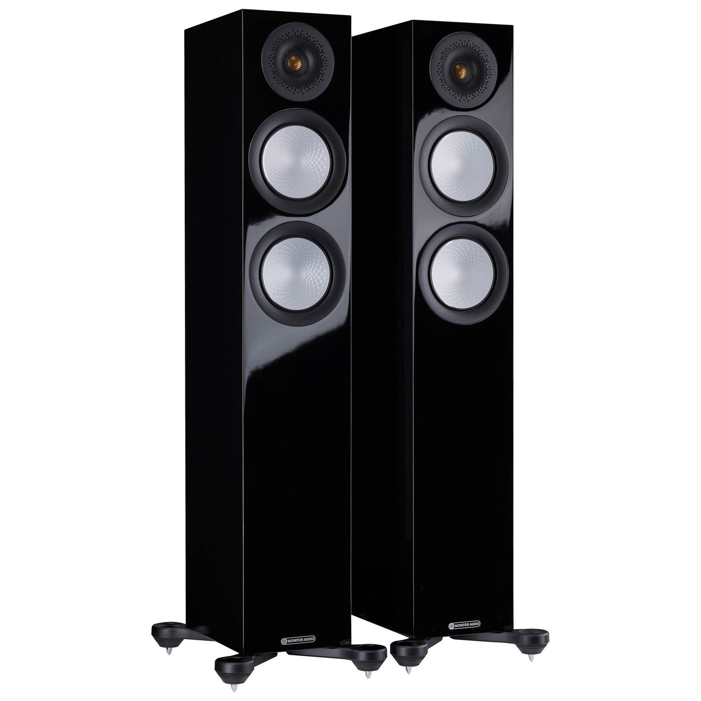 Pair of black floor-standing speakers on a white background