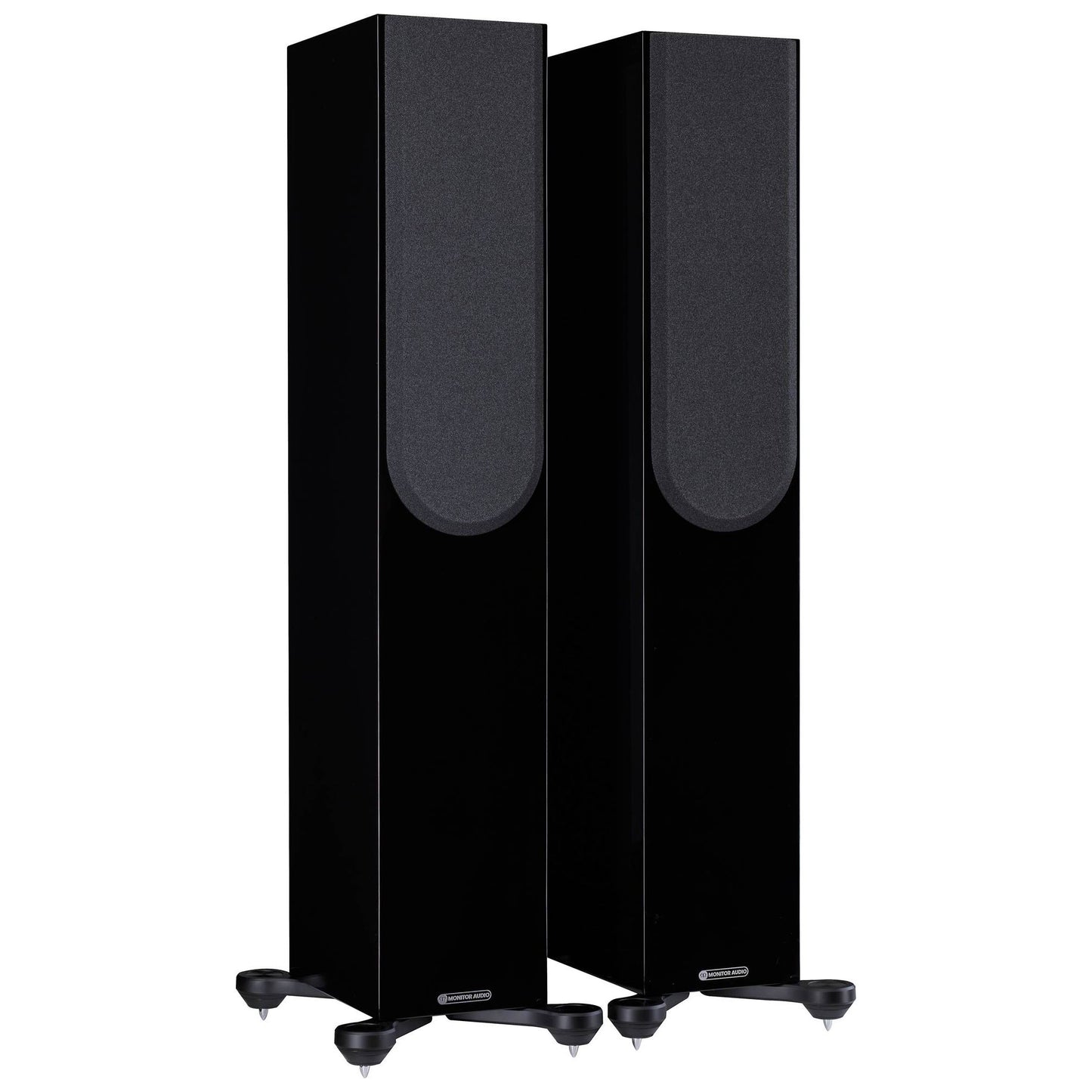 Pair of black floor-standing speakers on a white background