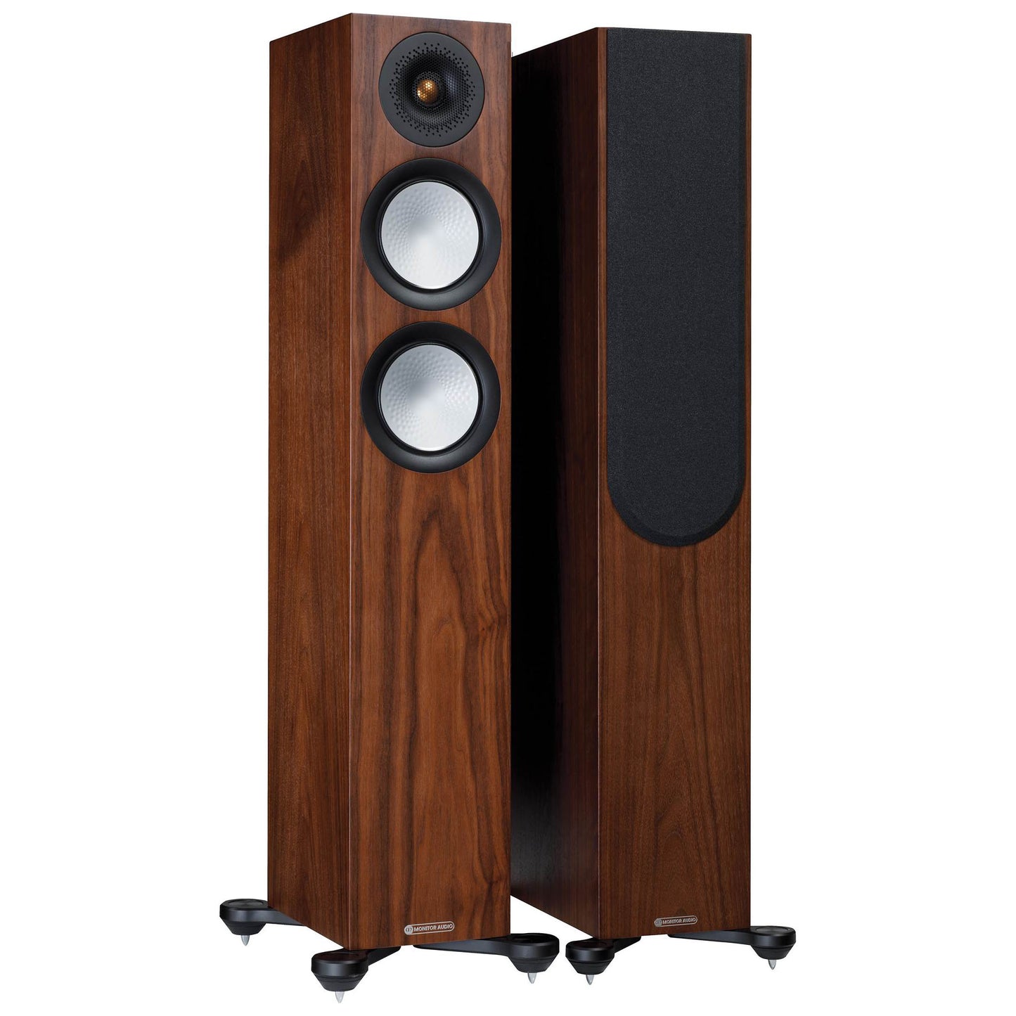 Pair of wooden floor-standing speakers on a white background
