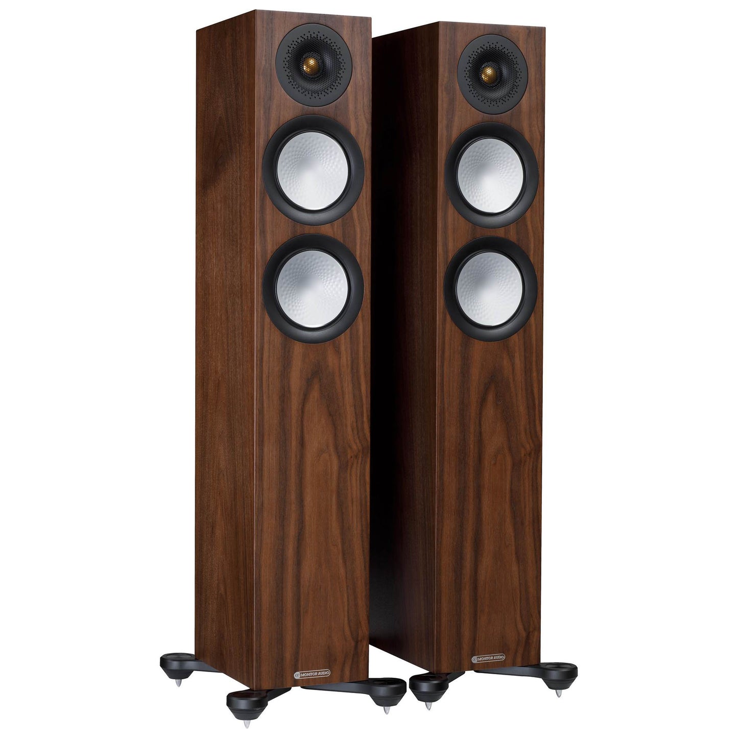 Pair of wooden speakers with multiple drivers on a white background