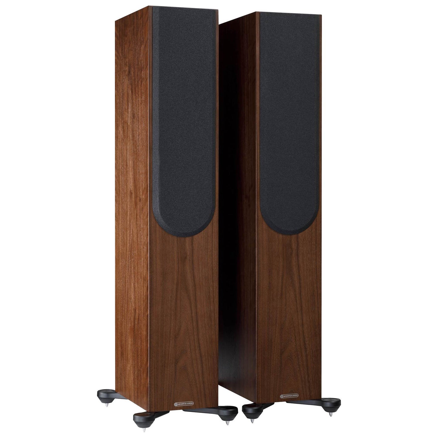Pair of wooden speakers with black front panels on a white background