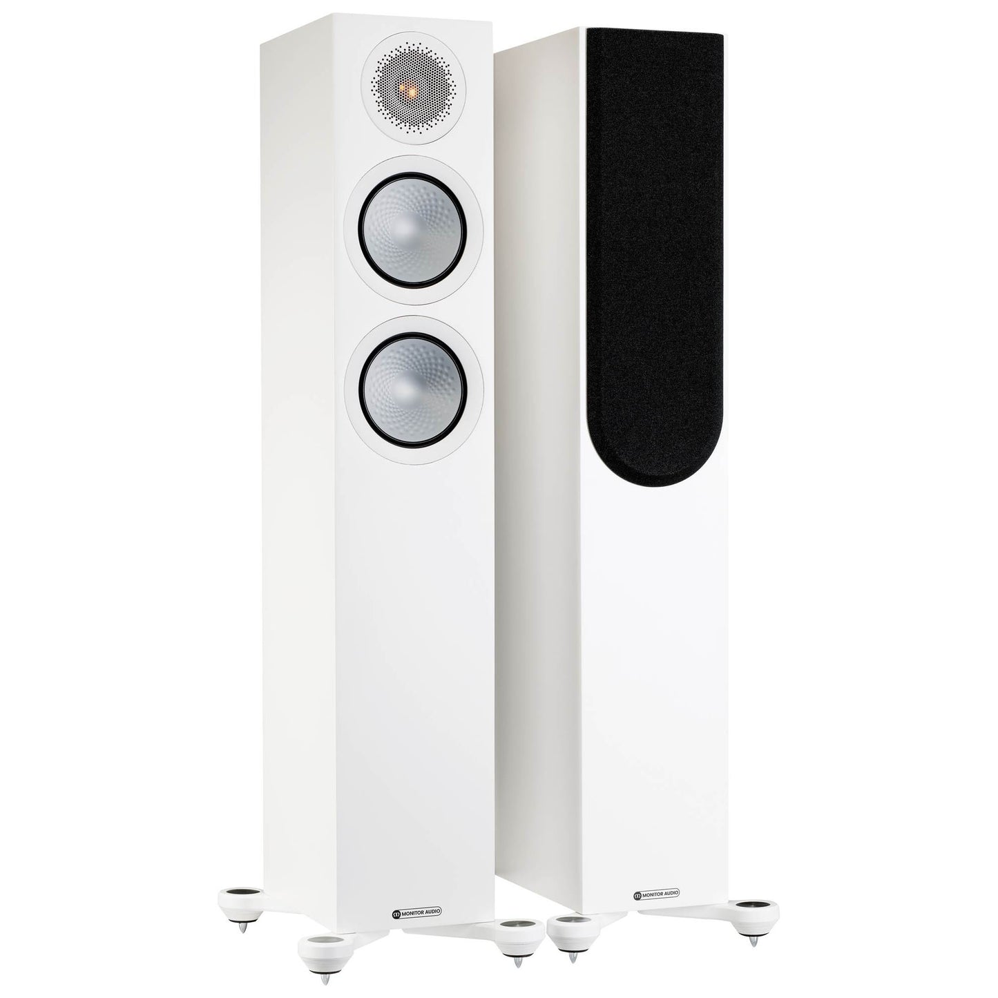White floor-standing speakers on a white background