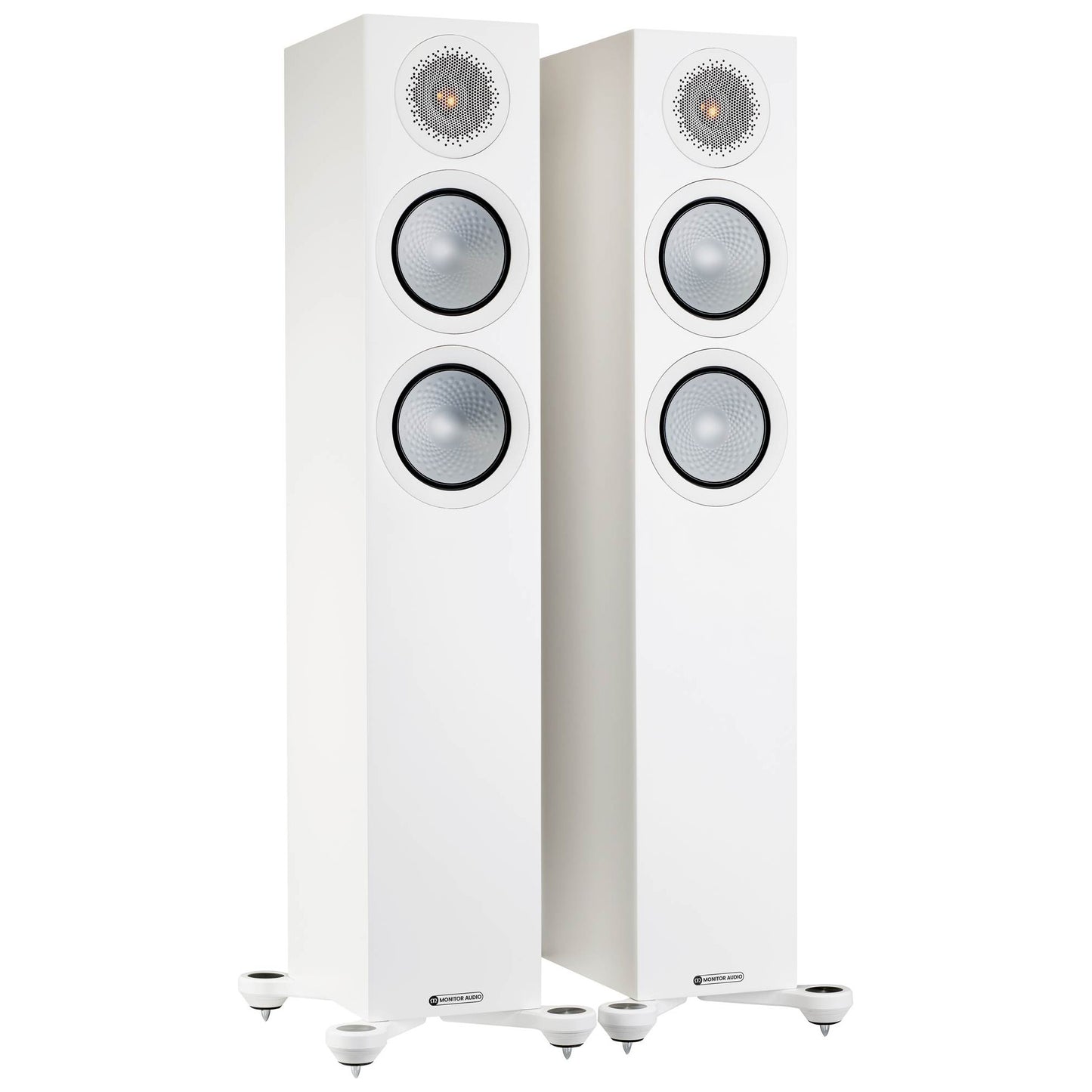 Pair of white floor-standing speakers on a white background