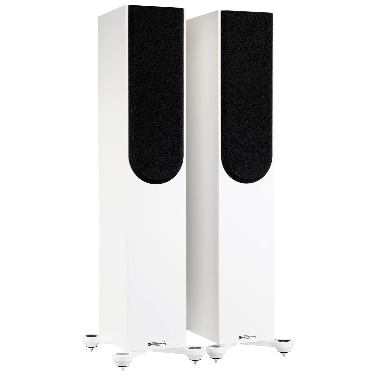 Pair of white speakers with black grilles on a white background