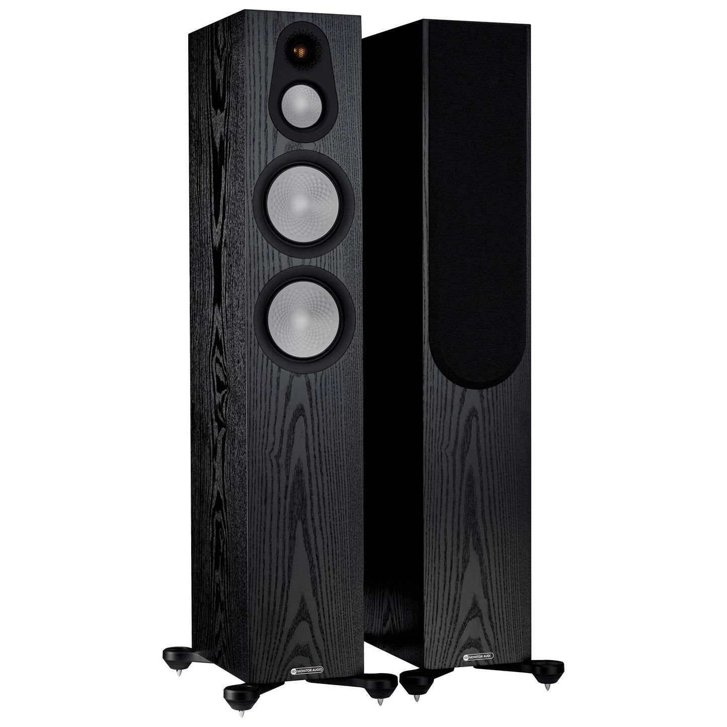 Pair of black speakers with wooden finish on a white background