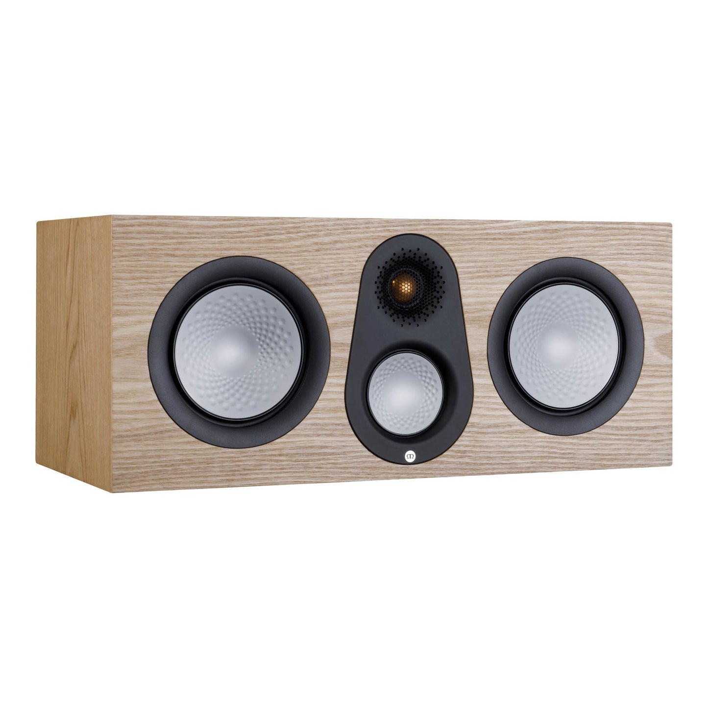 Center channel speaker with wooden front panel on a white background