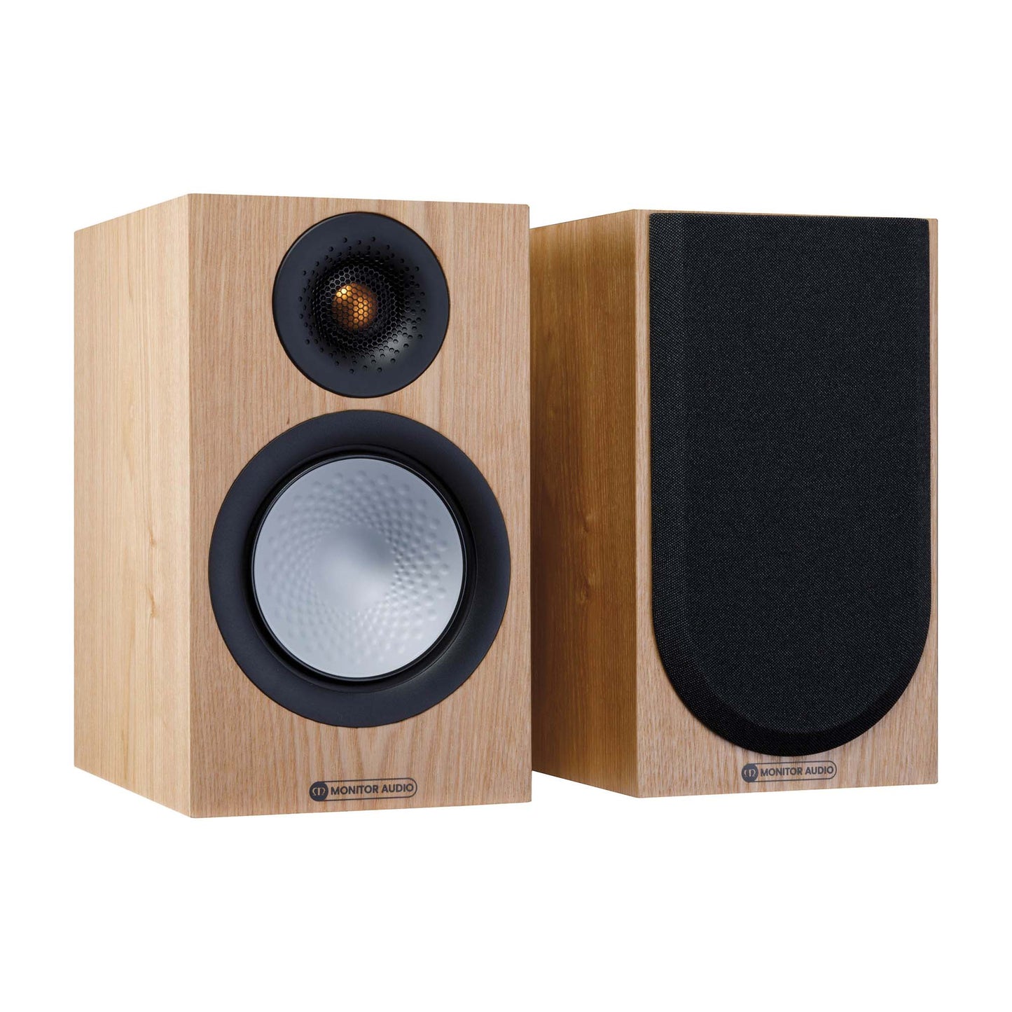 Pair of wooden speakers with black grilles on a white background