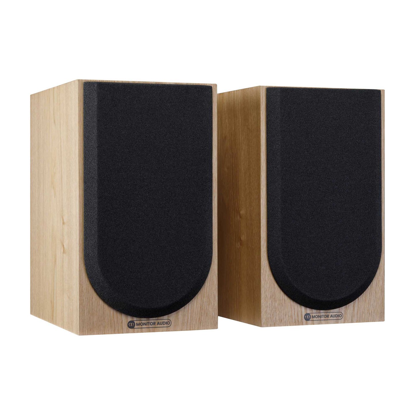 Pair of wooden speakers with black grilles on a white background