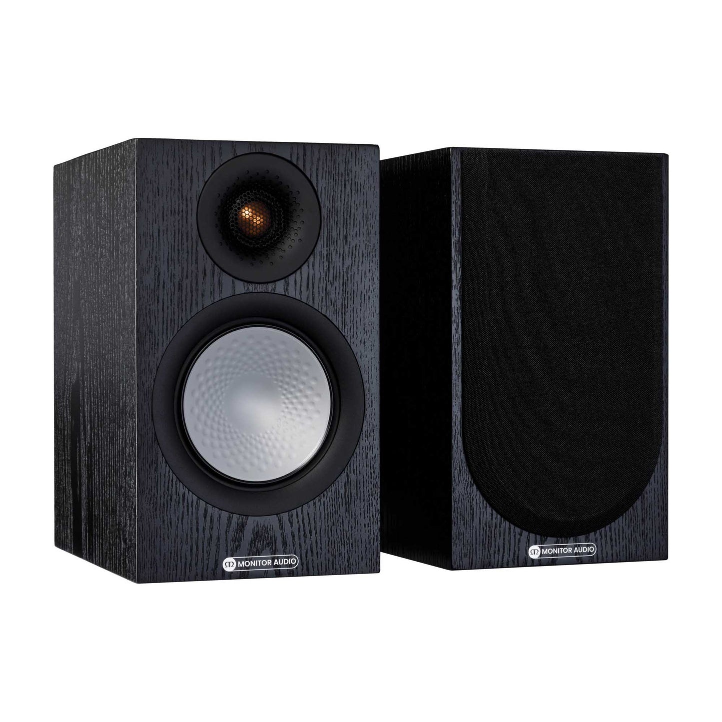 Pair of black speakers with brand logo on a white background