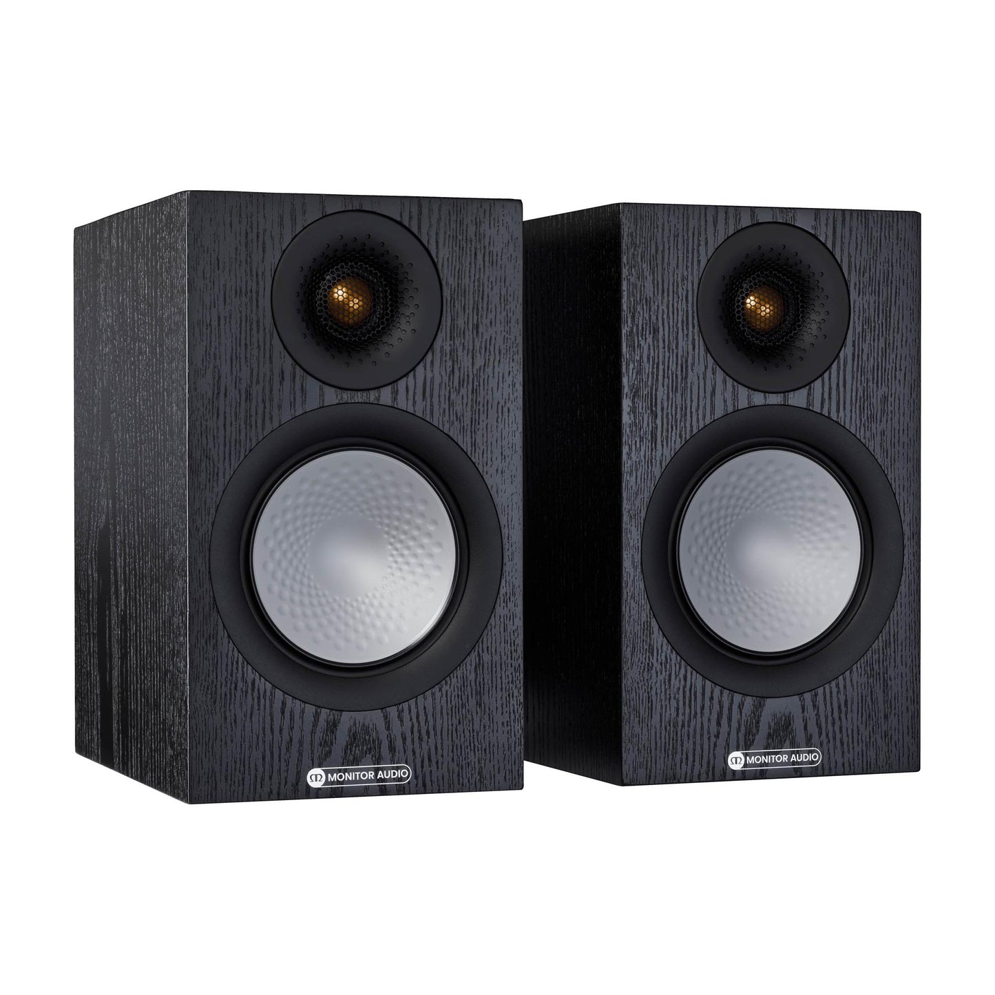 Pair of black speakers with visible brand logo on a white background