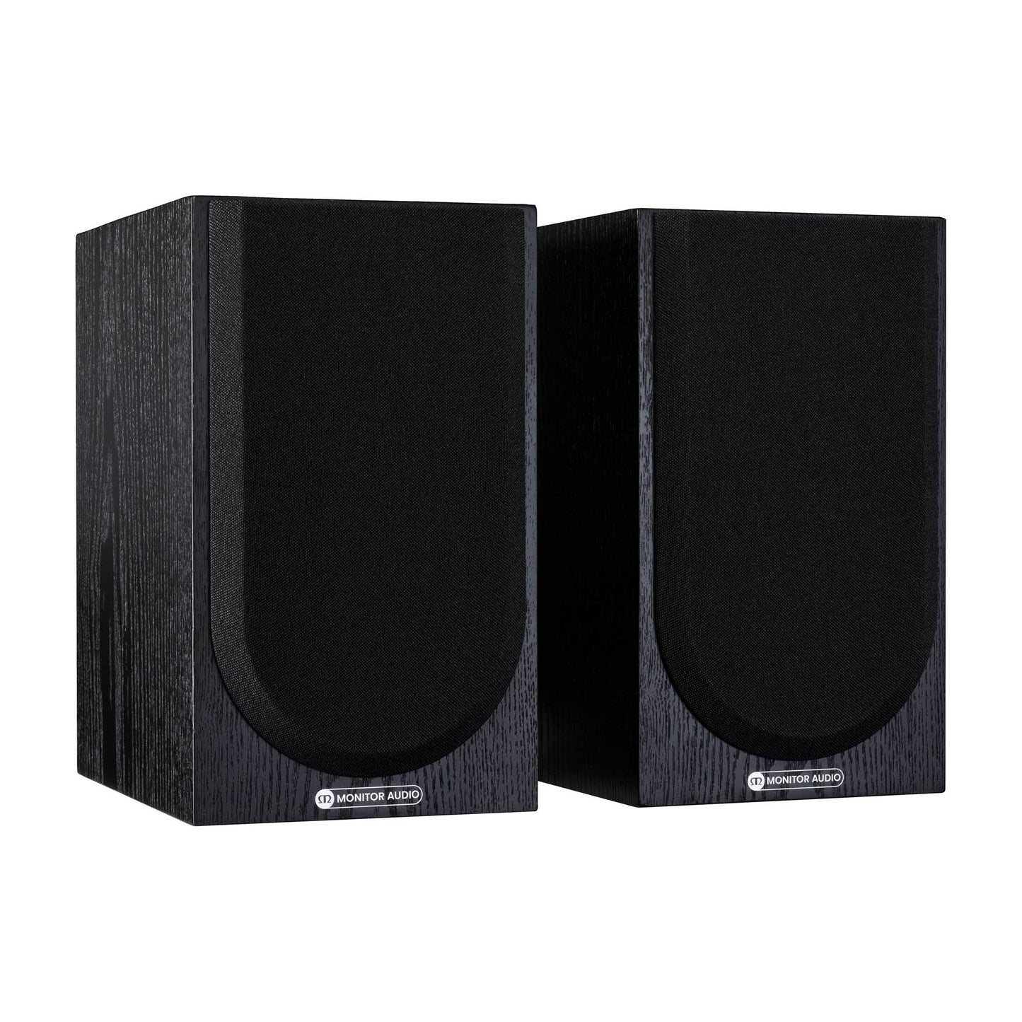 Pair of black speakers on a white background