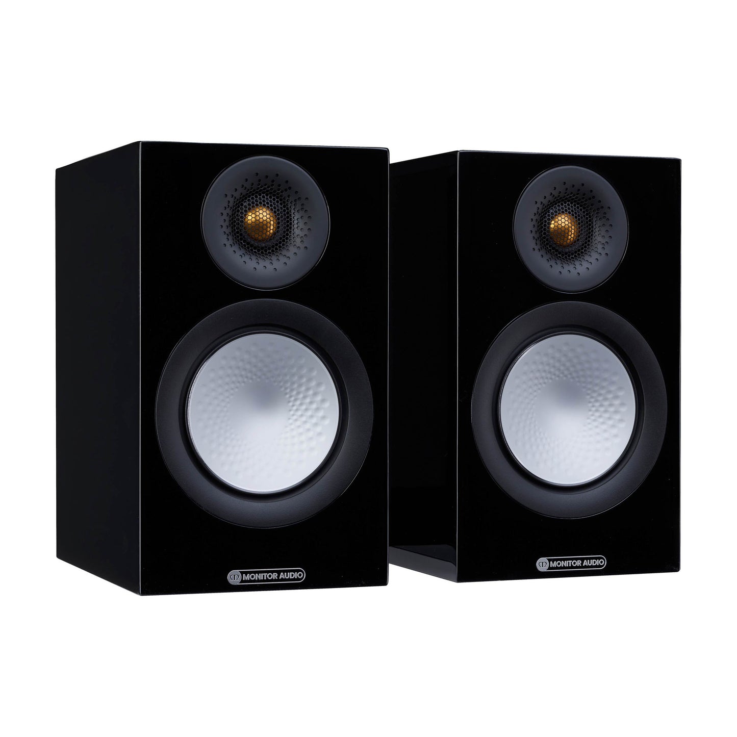 Pair of black speakers with visible brand logo on a white background
