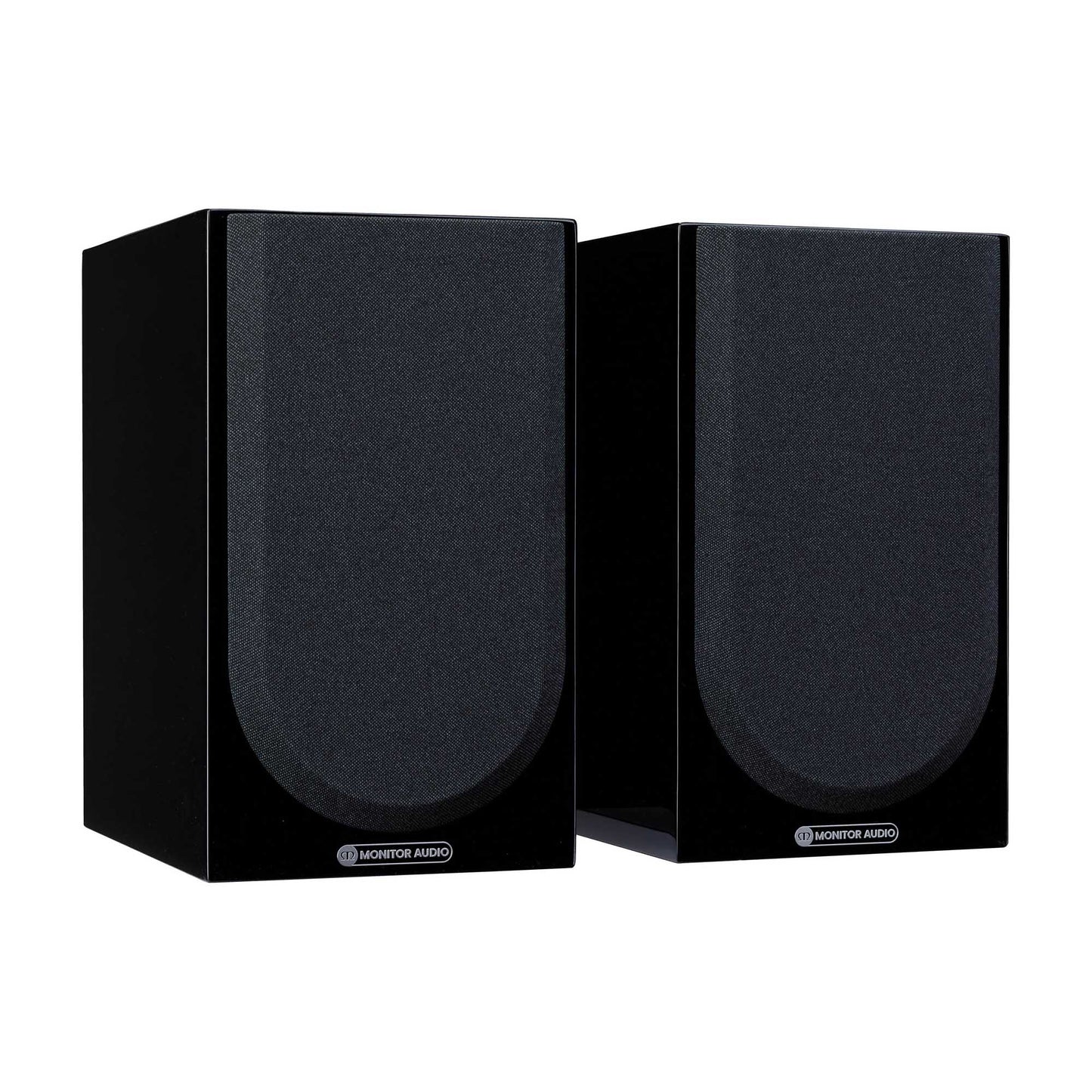 Pair of black speakers on a white background