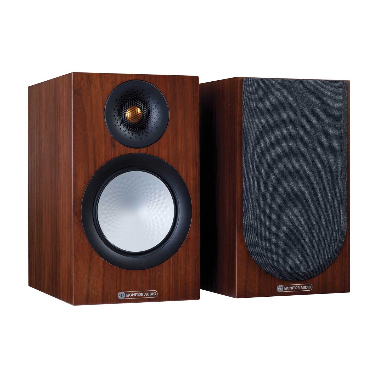 Pair of wooden speakers with black grills on a white background