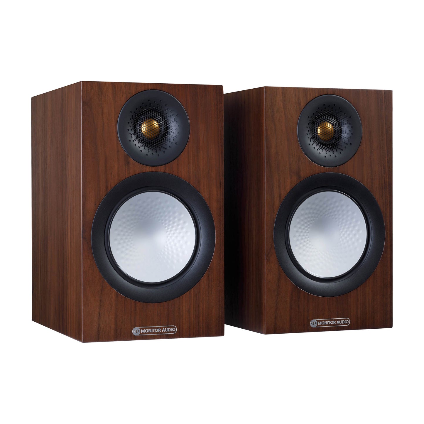 Pair of wooden speakers with black grills on a white background