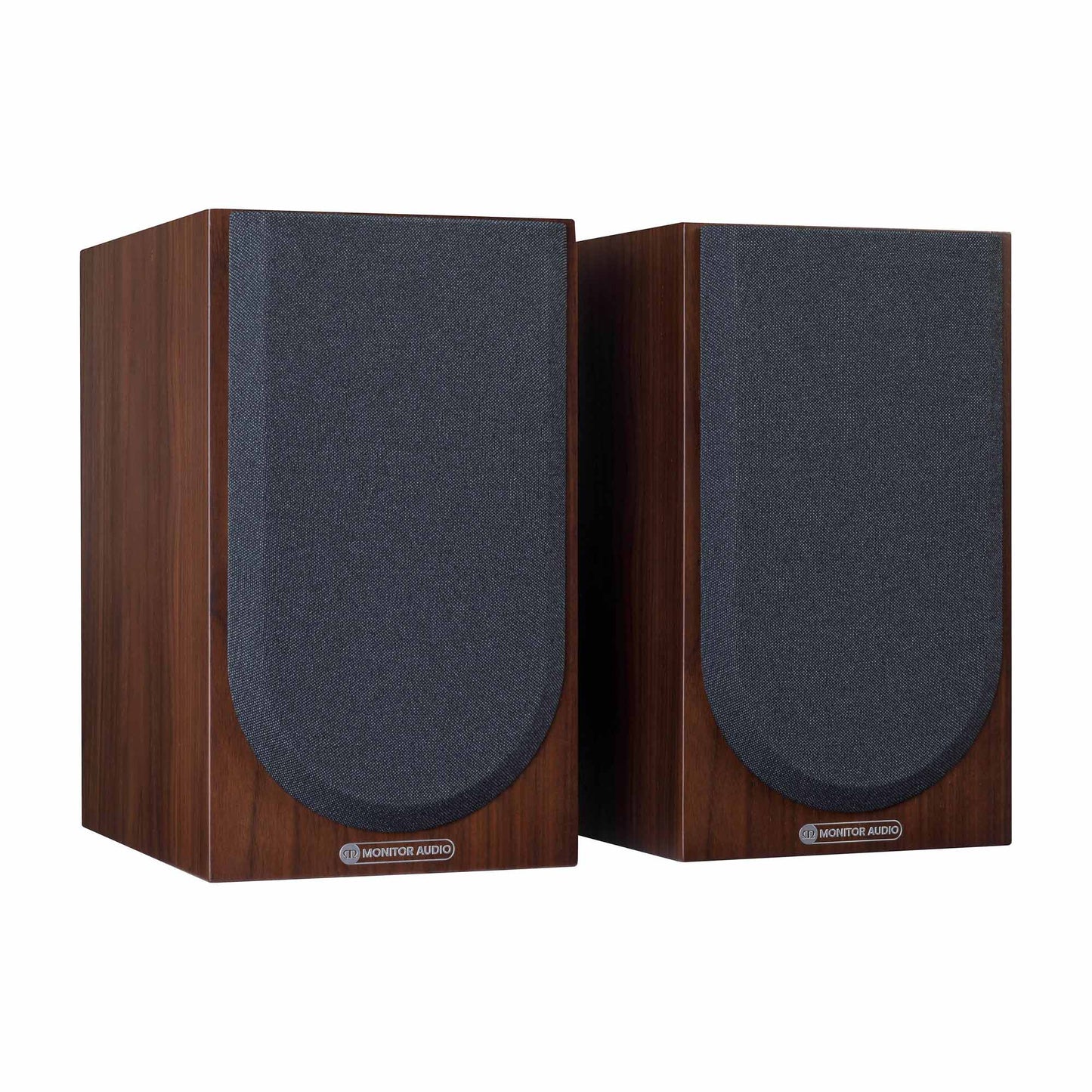 Pair of wooden speakers with grills on a white background