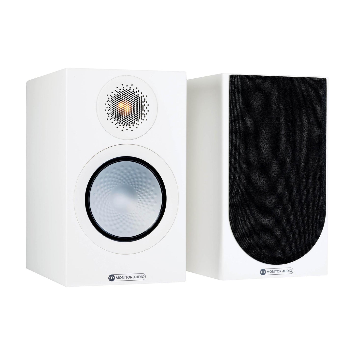 Pair of white speakers with black grilles on a white background