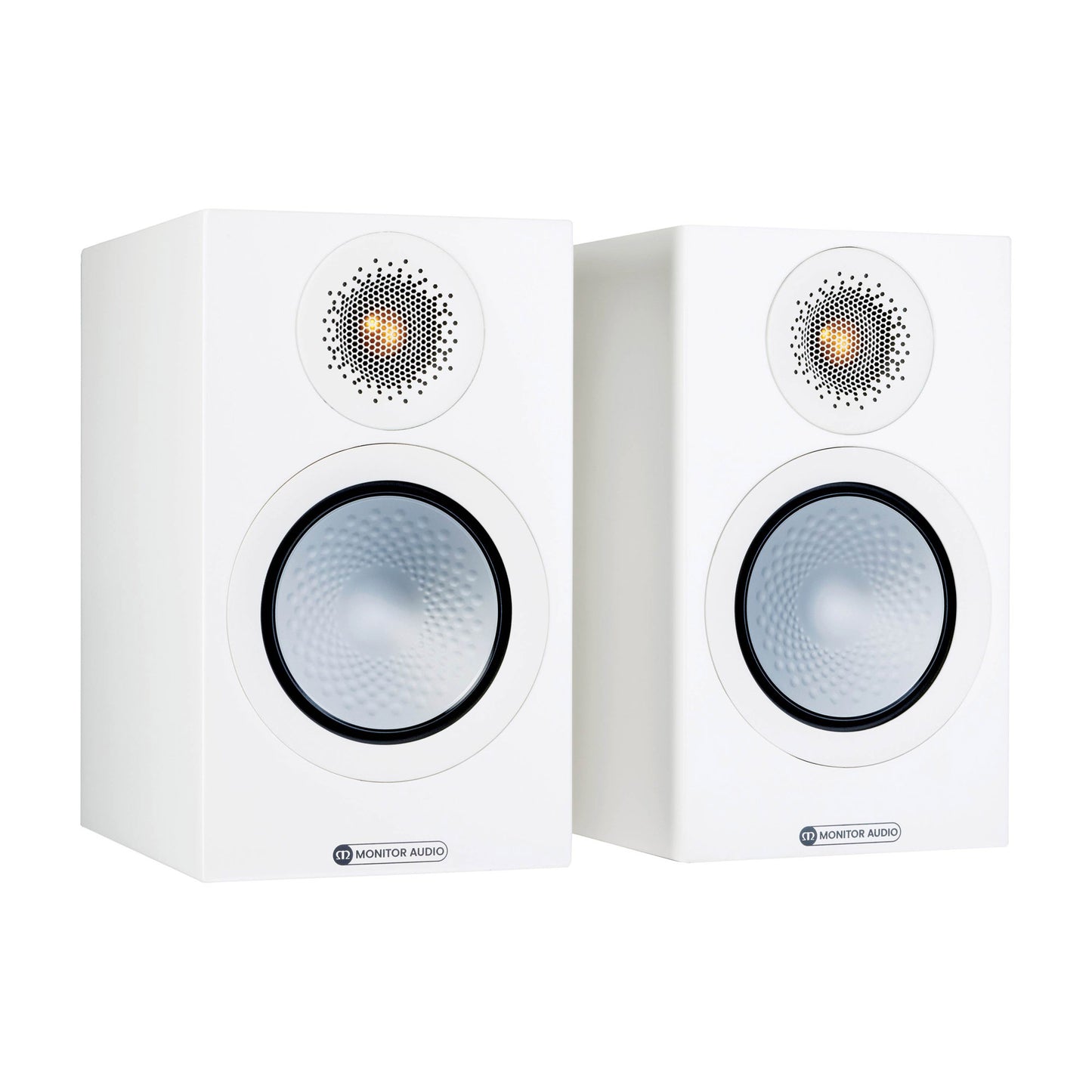 Pair of white speakers with visible branding on a white background