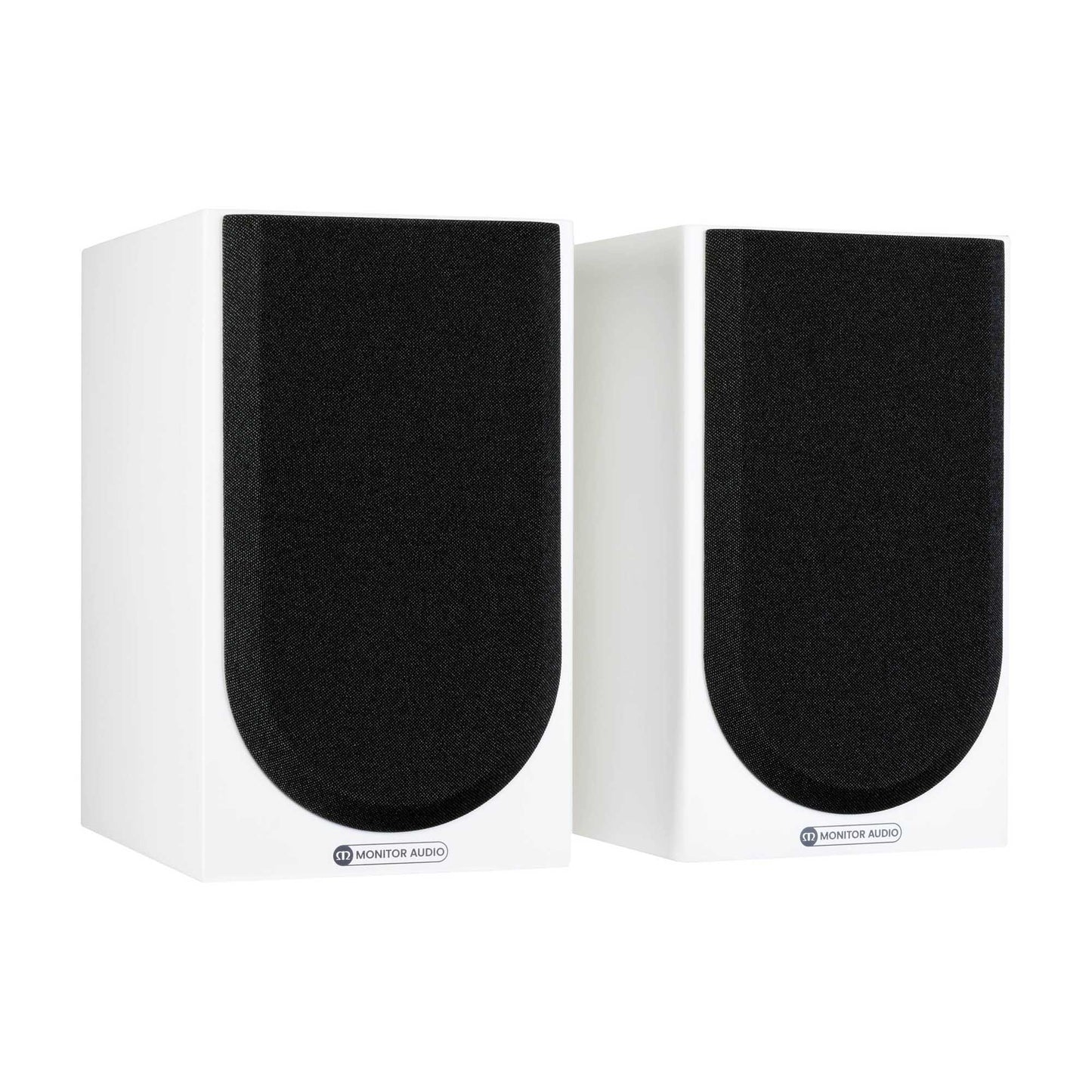 Pair of white speakers with black grilles on a white background
