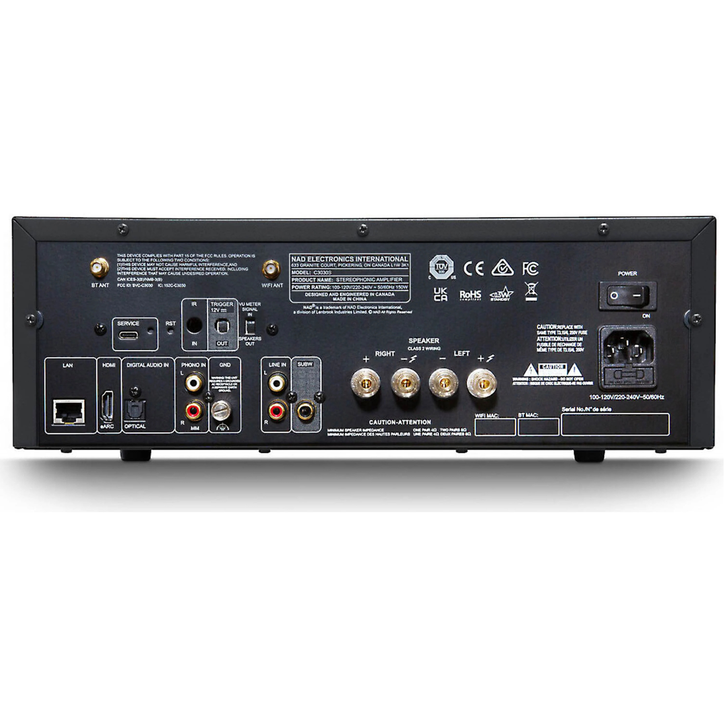 Back panel of NAD C 3030S Stereo Integrated Amplifier on white background