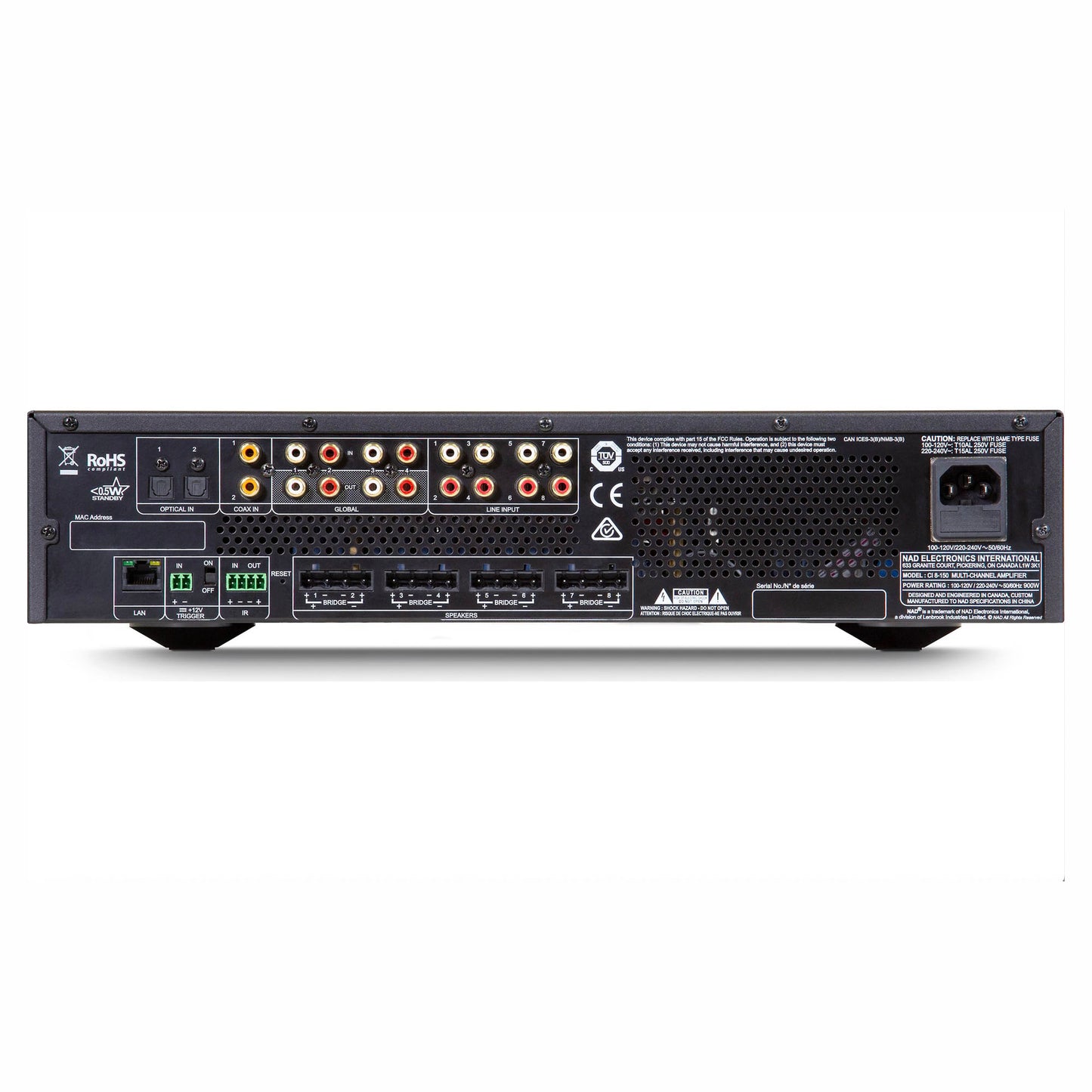 Back view of NAD CI 8-150 DSP 8 Channel Amplifier on white background