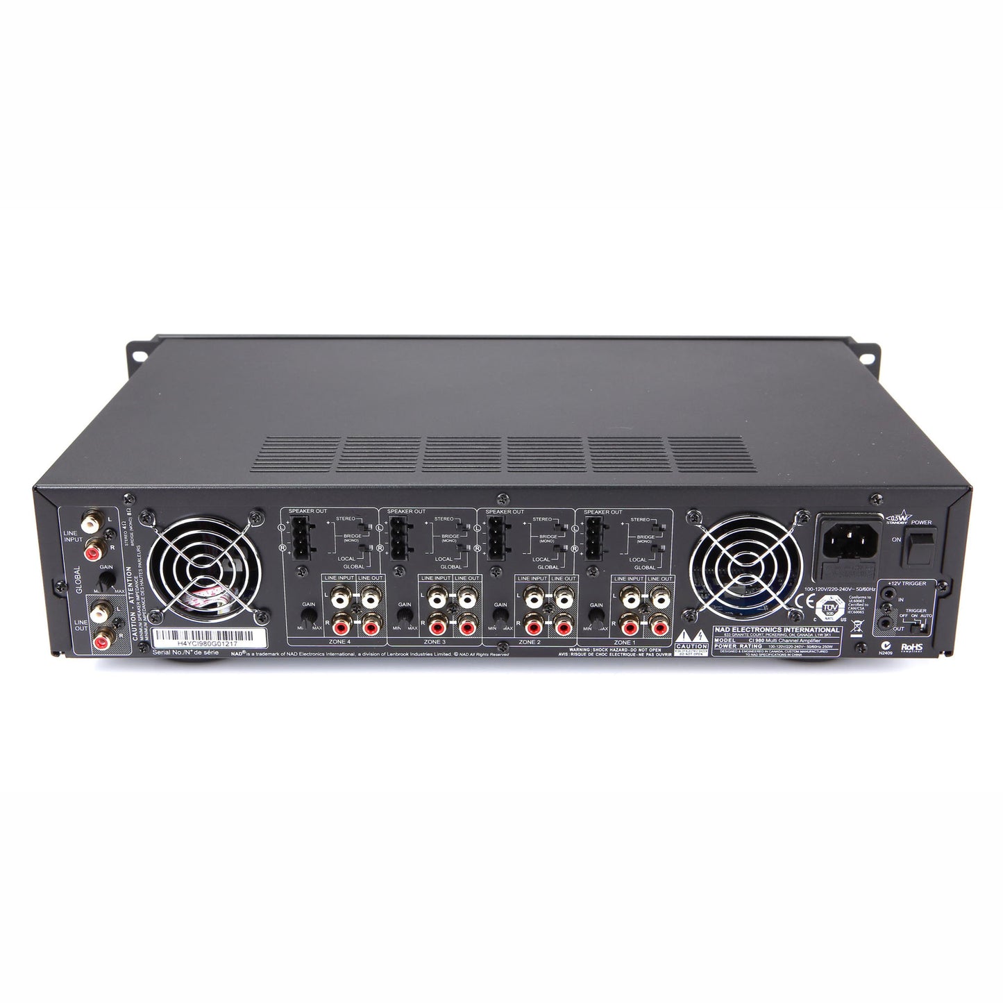 Rear of NAD CI 980 8 Channel Amplifier on white background