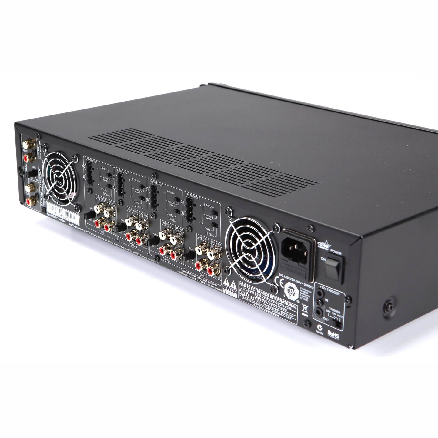 Rear angle of NAD CI 980 8 Channel Amplifier on white background