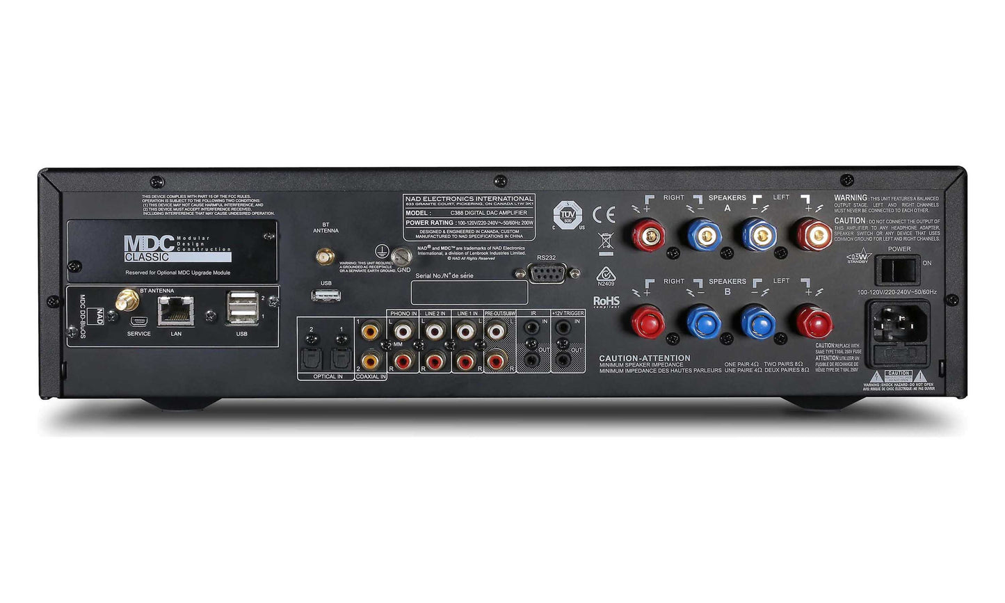 NAD C388 Stereo Integrated Amplifier - Rear view with BluOs module installed (sold separately)