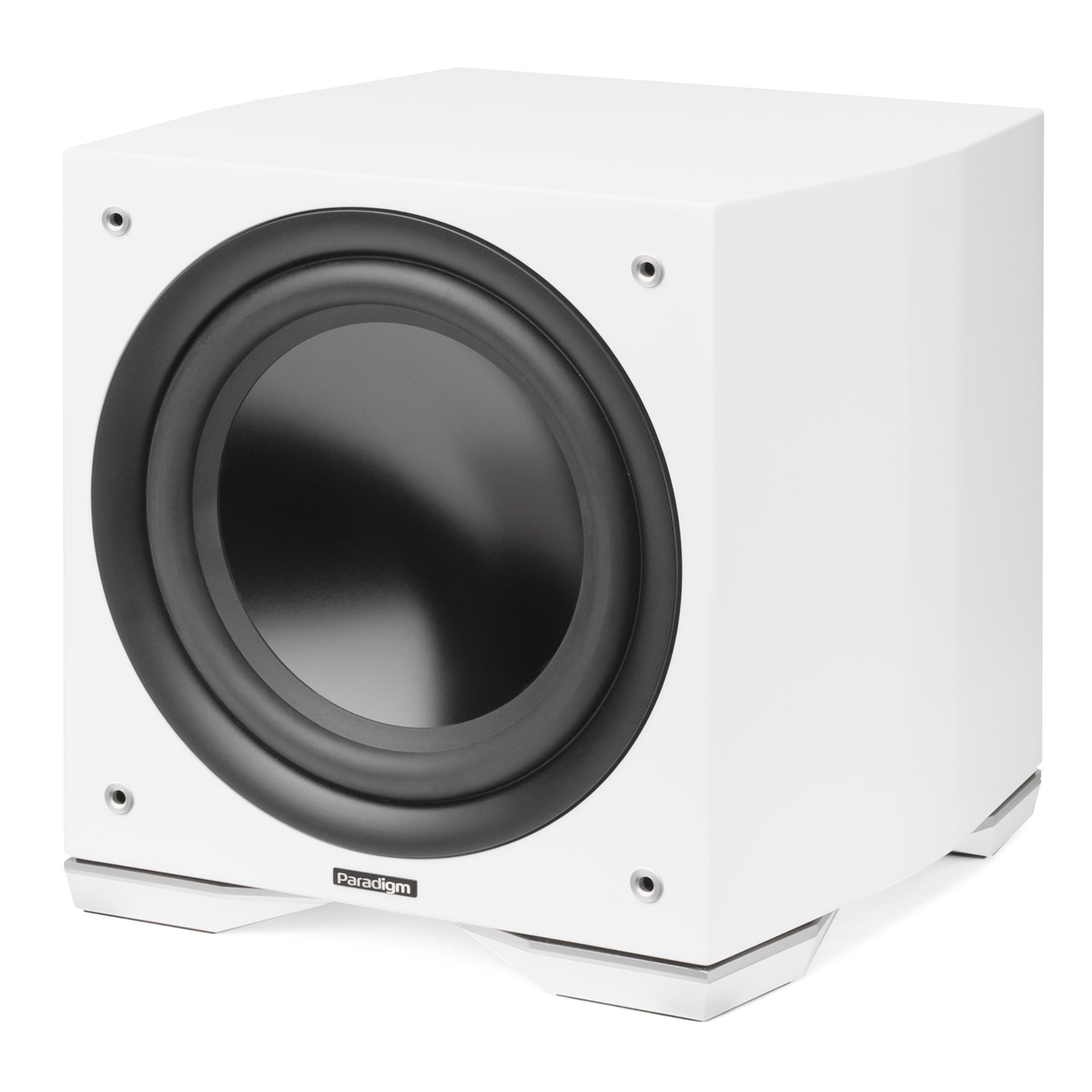 Angle view of Paradigm Defiance S10 in Satin White grille off