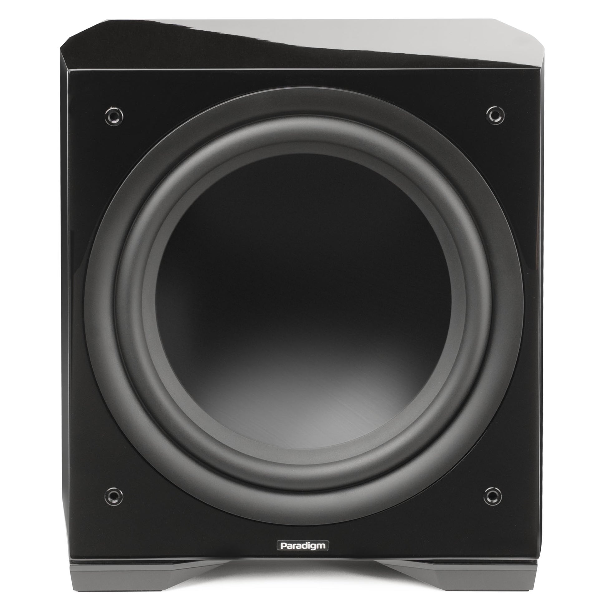 Front of Paradigm Defiance S12 Subwoofer in gloss black no grille on