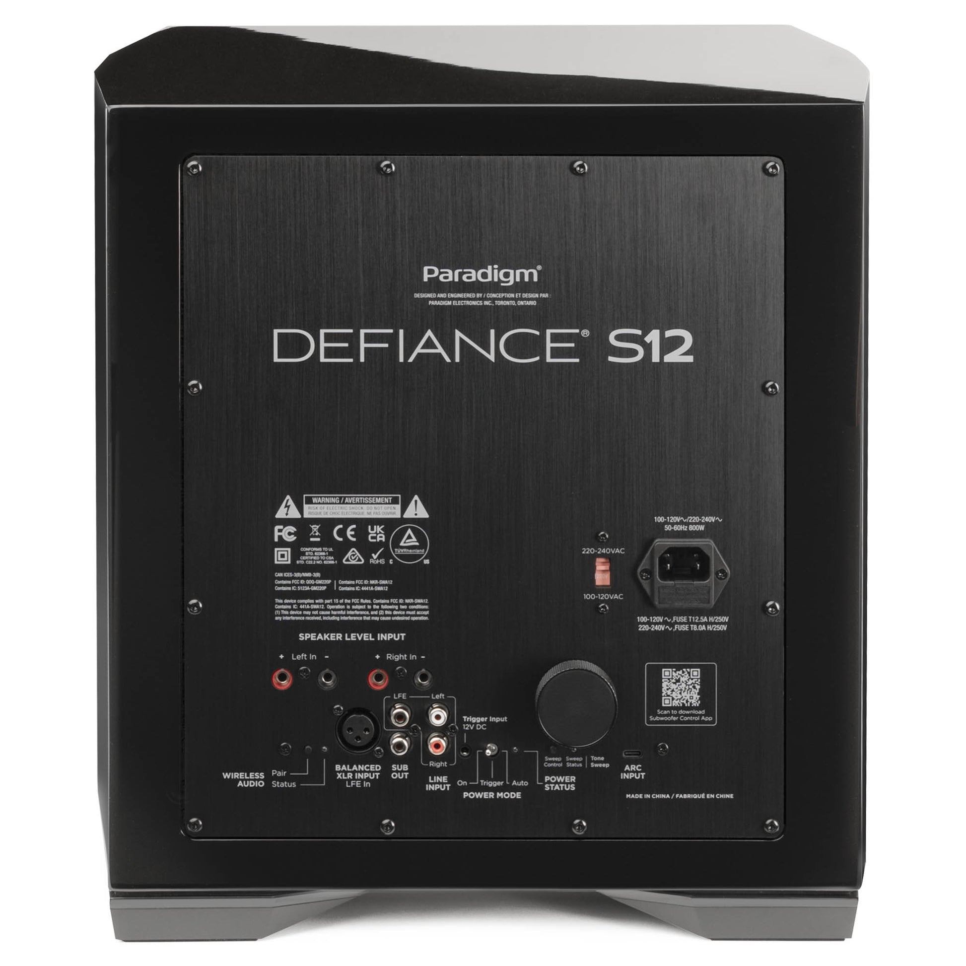 Back view of a Paradigm Defiance S12 subwoofer on a white background