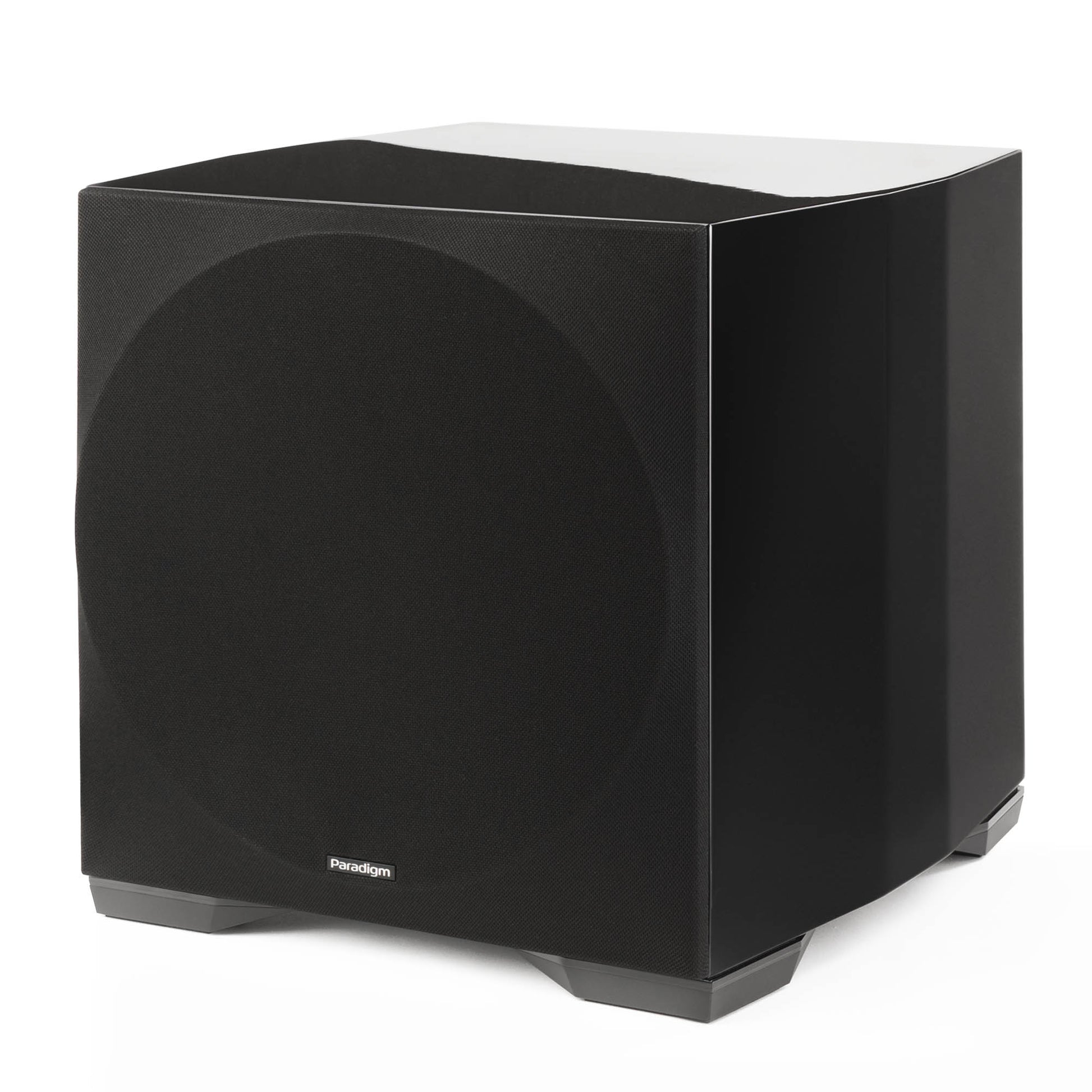 Angle of Paradigm Defiance S12 Subwoofer in gloss black with grille on