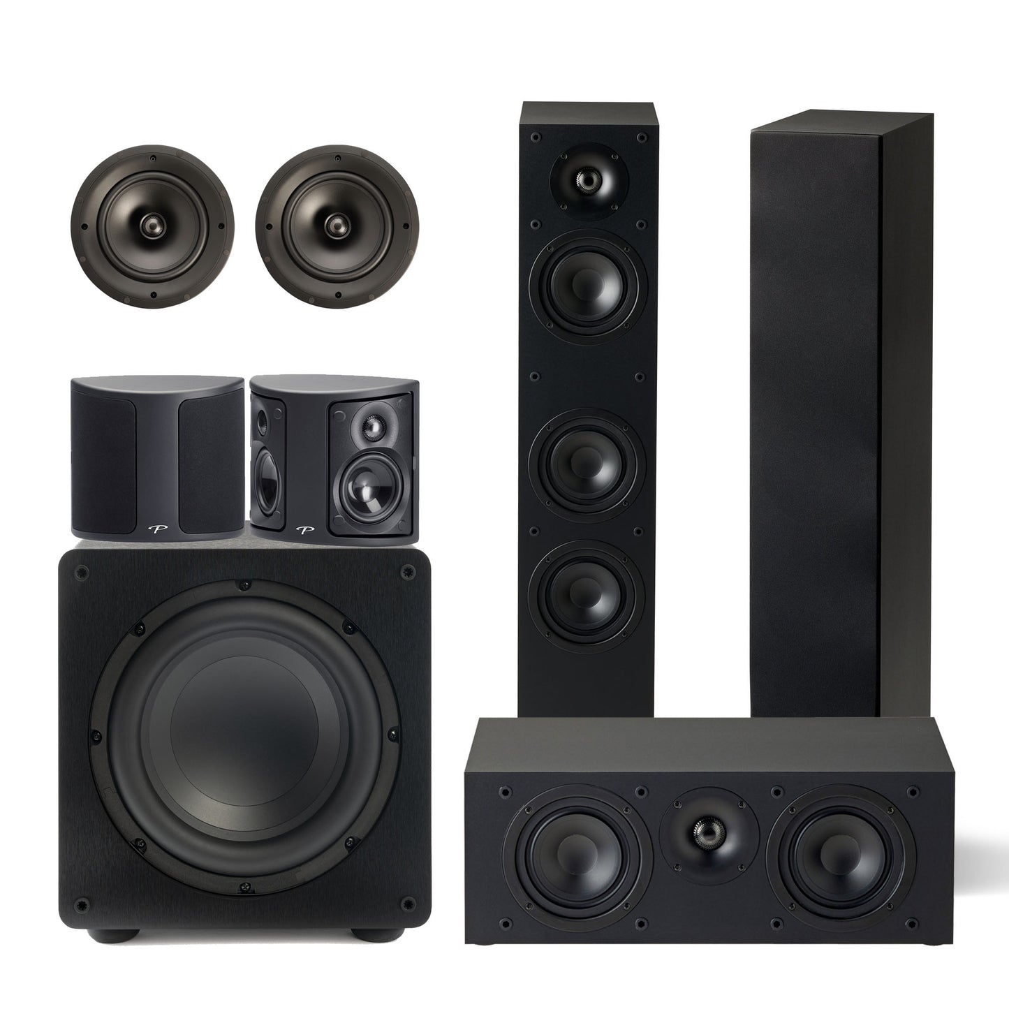 Set of black speakers including a subwoofer, tall and short speakers on a white background