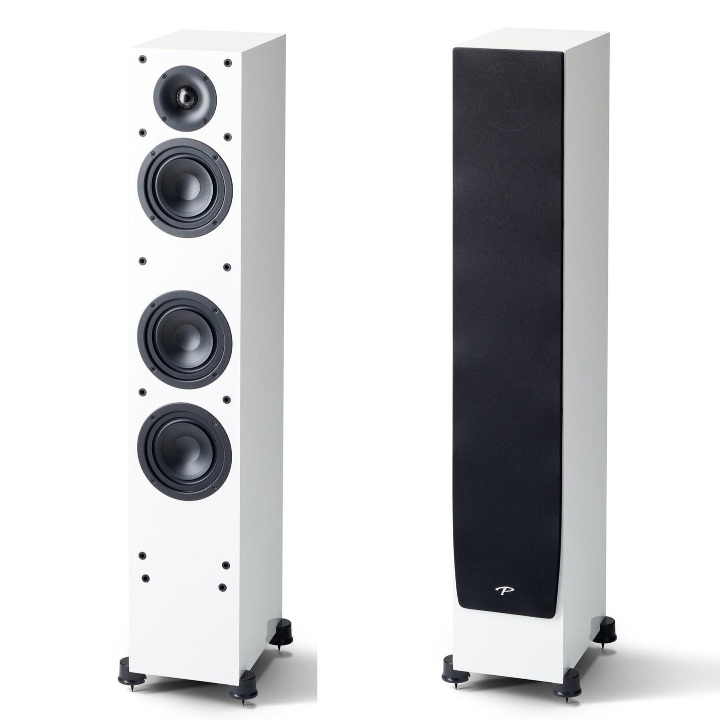 Pair of white floor-standing speakers on a white background