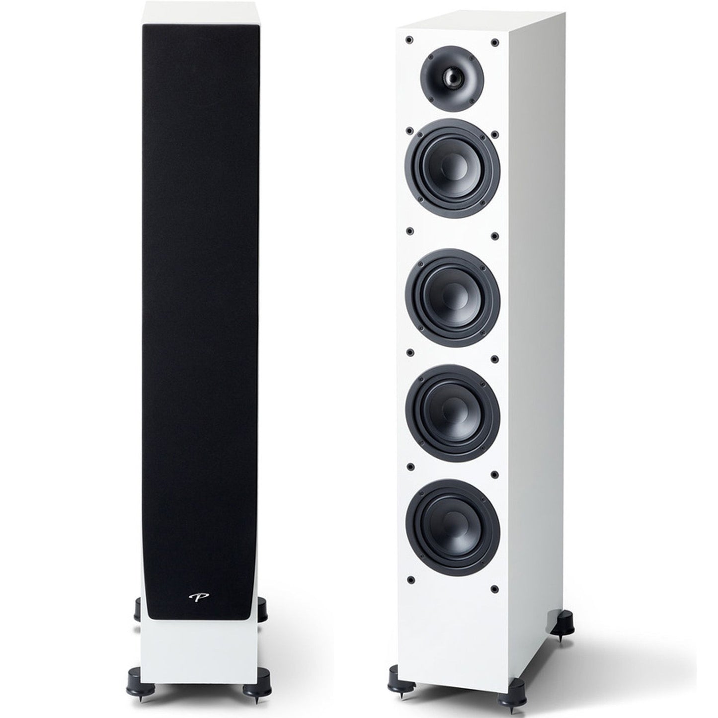 White Paradigm Monitor 6000 floorstanding speakers on white background
