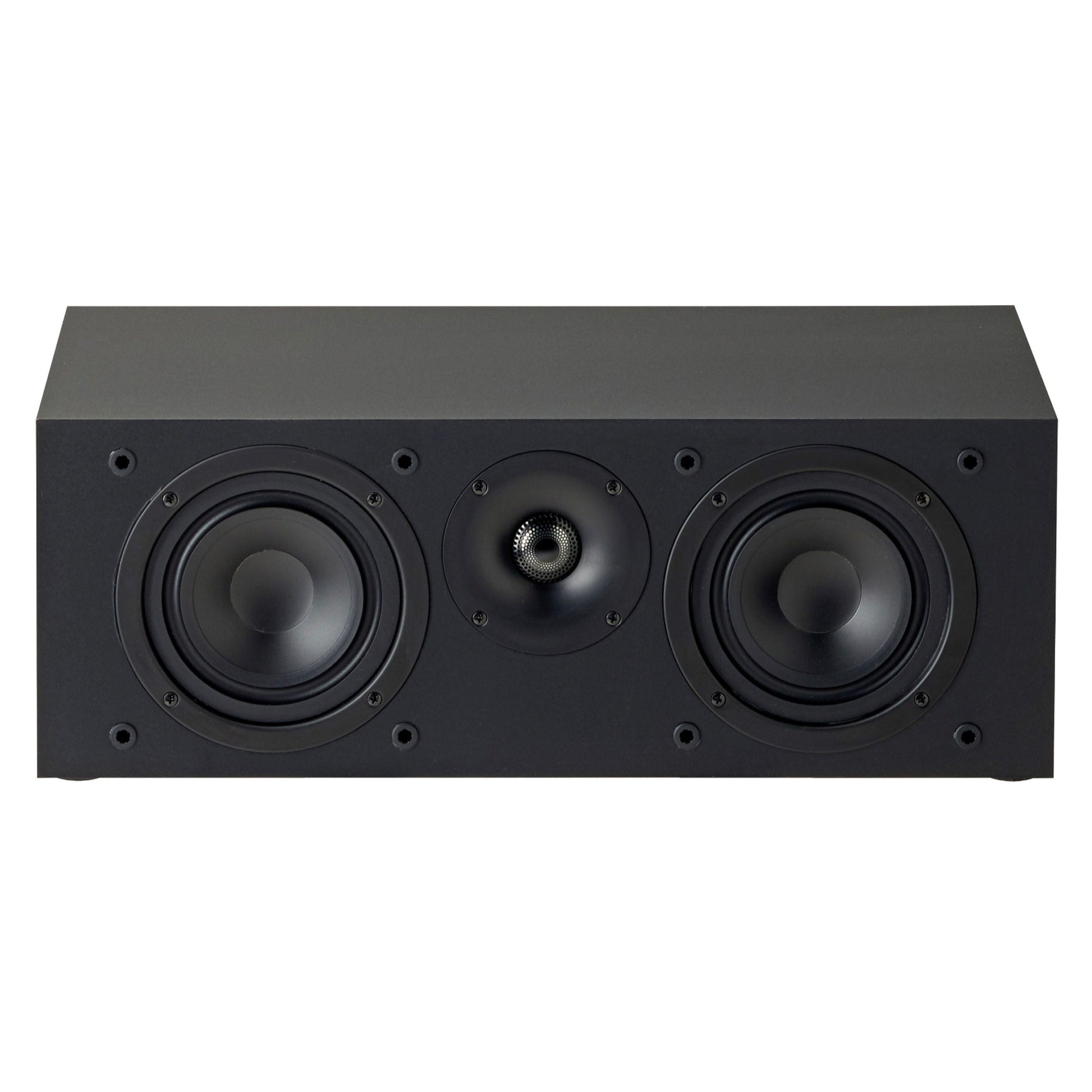 A black Paradigm Monitor SE 2000C centre channel speaker with a matte finish, featuring a central tweeter with a black aluminum dome and two bass drivers.