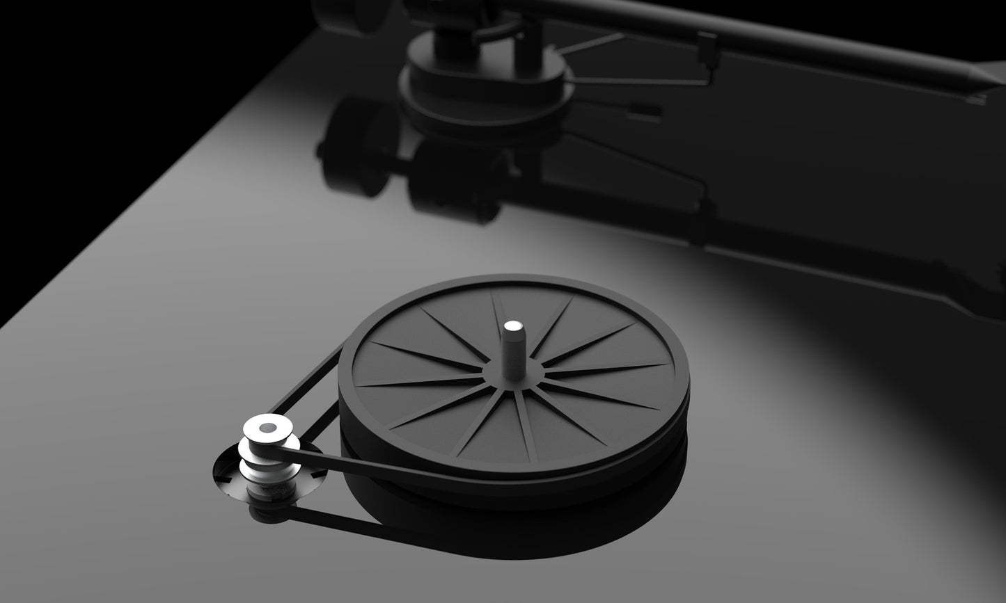 This flat profile Belt is designed to fit on a turntable like this Pro-Ject T1 where the motor is mounted under the main platter