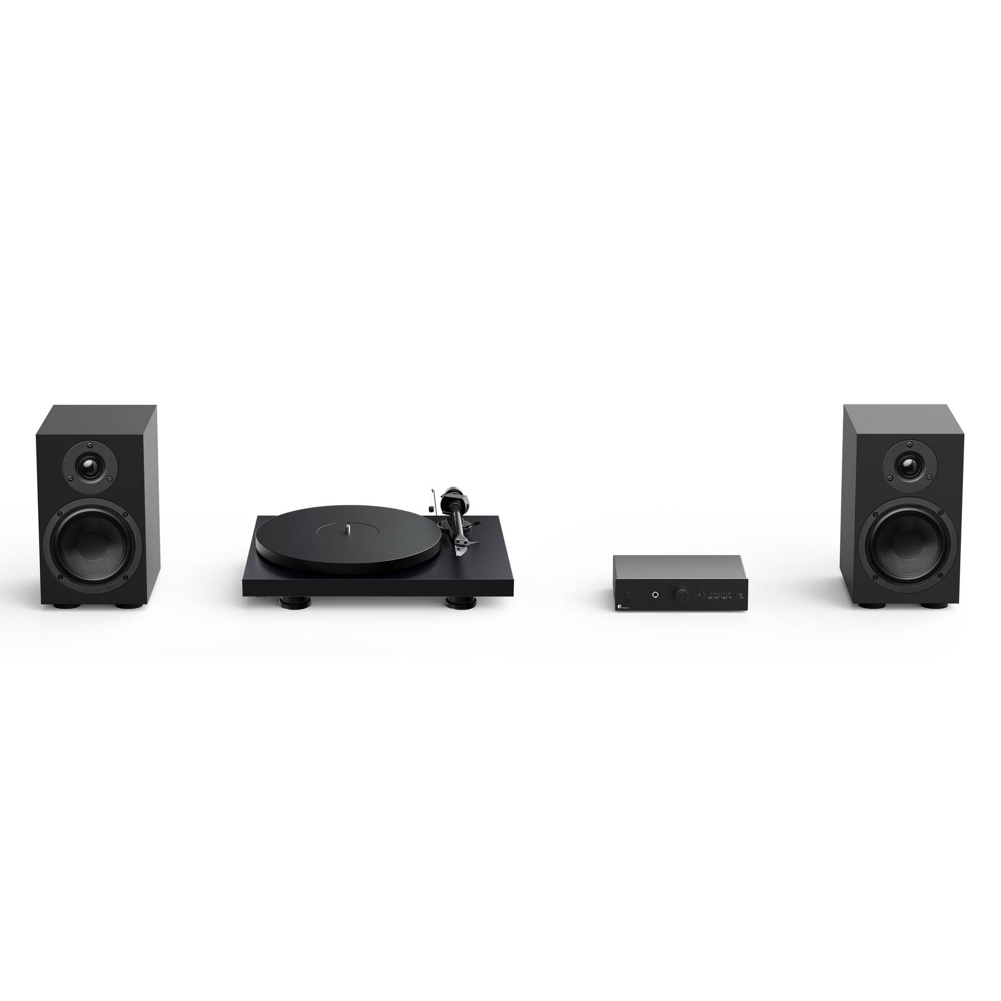 Audio equipment set with speakers and a turntable in black on a white background