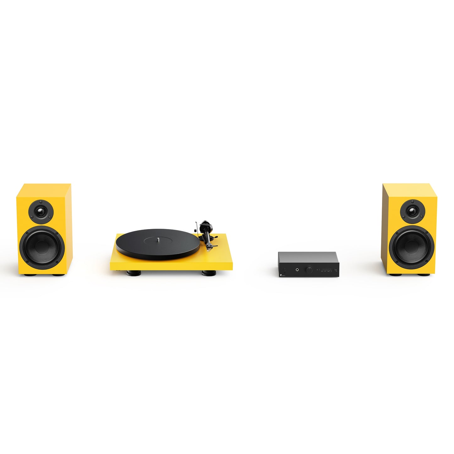 Yellow turntable with speakers on a white background