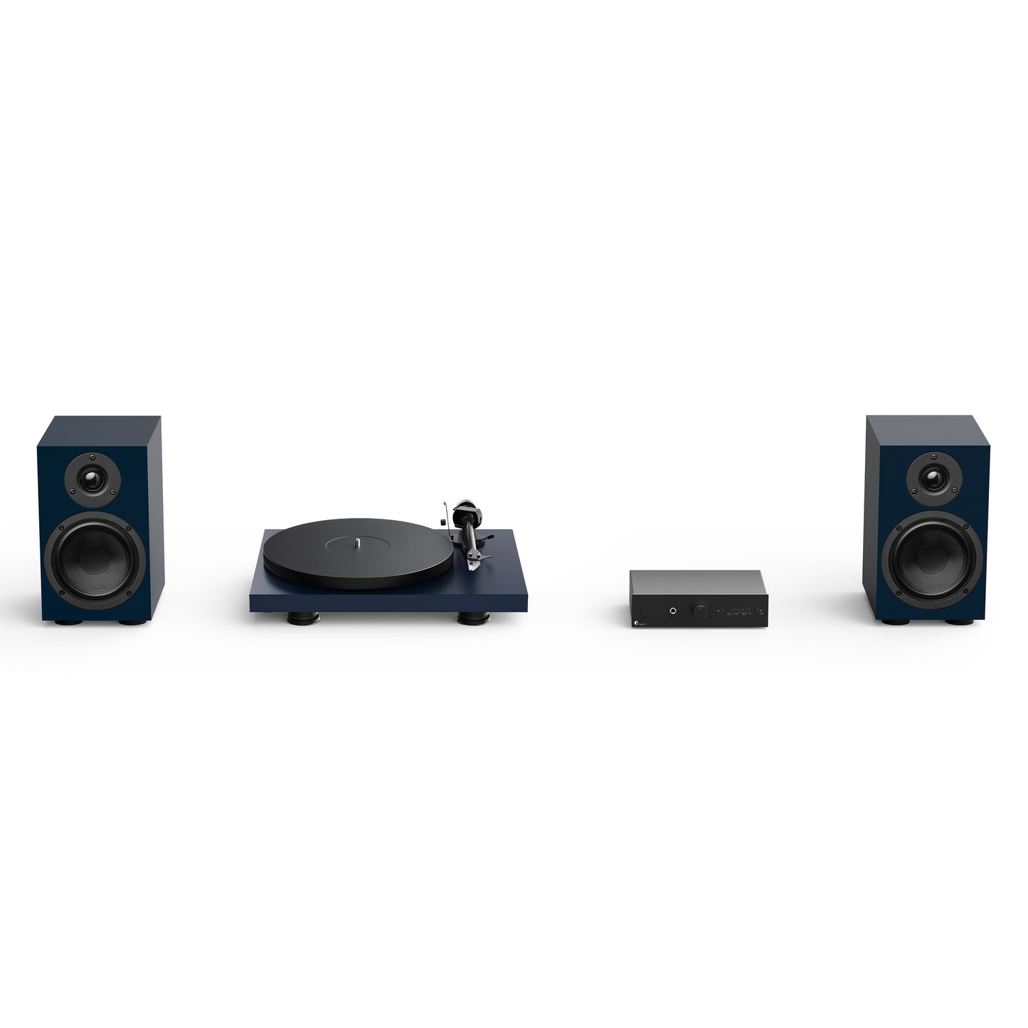Audio equipment set with speakers and a turntable in blue on a white background