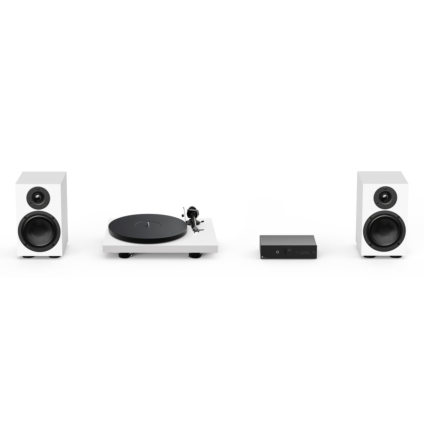 Audio equipment set with speakers and a turntable on a white background